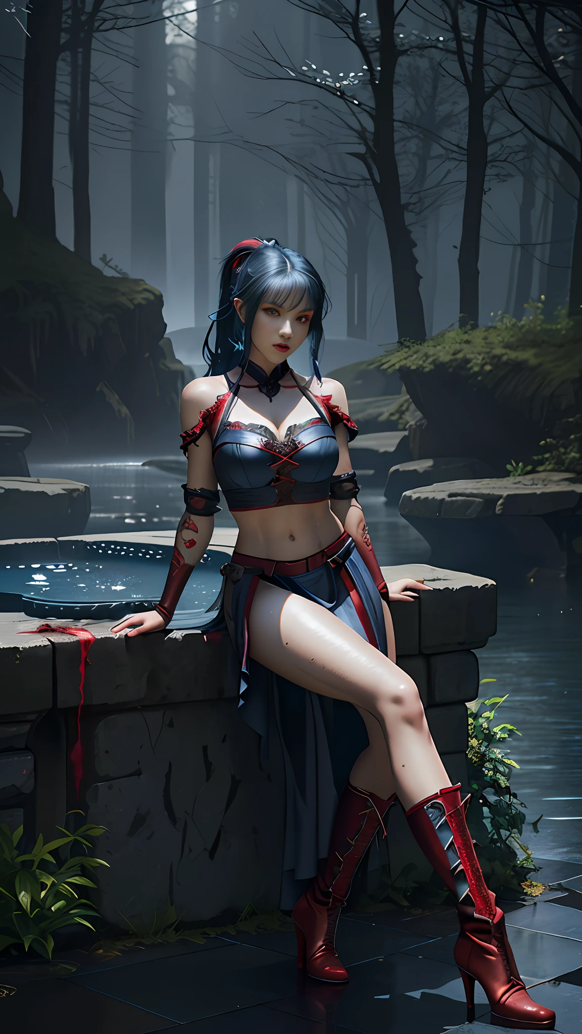 Perfect waist cut, Large breasts, Warrior girl with a scimitar on hand, Skimpy organza clothes ,dark blue hair with red highlights, (perfect nose), Seductive gaze, Boots on high heels (Best Illustration), 8k Resolution, Intricate Details, Best Quality, Realistic, Ultra Detailed, Best Lighting, Best Shadows, Ultra HD, A Necromancer style, Night, Magic, Dark Style, Vampire, (shining red eyes:1.6), masterpiece, high_res, Beautiful face, tyndall effect, photo realistic, (high detailed skin:1.2), 8k uhd, dslr, high quality, Photograph, high resolution, 4k, 8k, Bokeh, absurdres, ponytail contorted, best ratio four finger and one thumb, front view, dark blue hair gorgeous, perfect proportional skinny fitness body, full body view, wet skin, wet clothes, dark cathedral baground scenery, huge bobs, belly muscle, long fit perfect legs
