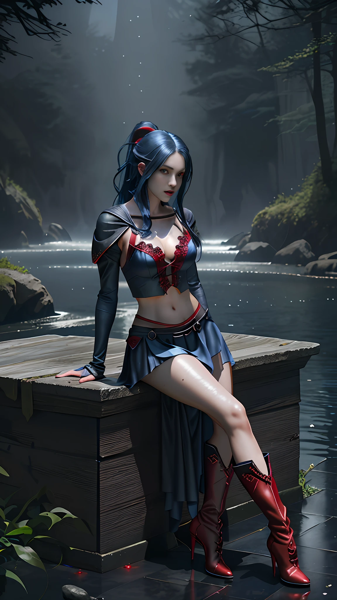 Perfect waist cut, Large breasts, Warrior girl with a scimitar on hand, Skimpy organza clothes ,dark blue hair with red highlights, (perfect nose), Seductive gaze, Boots on high heels (Best Illustration), 8k Resolution, Intricate Details, Best Quality, Realistic, Ultra Detailed, Best Lighting, Best Shadows, Ultra HD, A Necromancer style, Night, Magic, Dark Style, Vampire, (shining red eyes:1.6), masterpiece, high_res, Beautiful face, tyndall effect, photo realistic, (high detailed skin:1.2), 8k uhd, dslr, high quality, Photograph, high resolution, 4k, 8k, Bokeh, absurdres, ponytail contorted, best ratio four finger and one thumb, front view, dark blue hair gorgeous, perfect proportional skinny fitness body, full body view, wet skin, wet clothes, dark cathedral baground scenery, huge bobs, belly muscle, long fit perfect legs