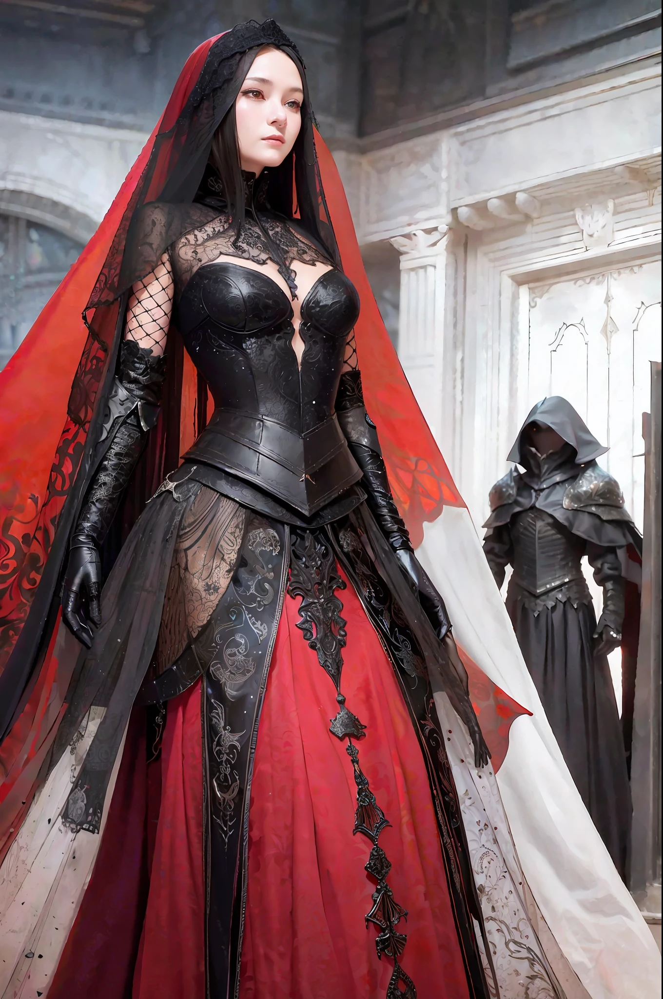 Lady of the Red Dragon, dignified, elegant, armor decorated with black long dress, lace veil