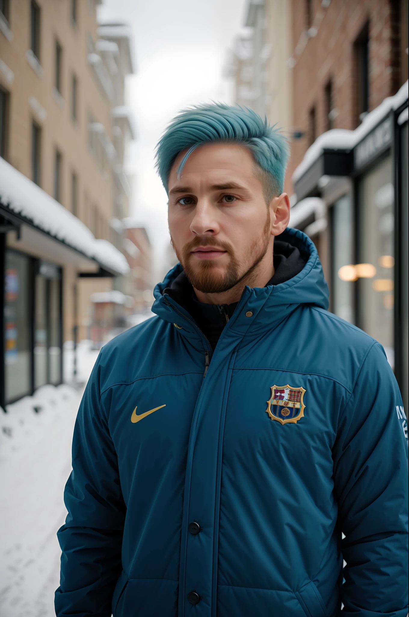 Professional portrait photograph of player Lionel messi in winter clothes with blue hair, look, wearing elegant and warm winter clothes, ((standing outside on the snowy street of the city)) , stunning modern urban environment, ultra realistic, conceptual art, elegant, highly detailed, intricate, sharp focus, depth of field, f/1. 8, 85mm, medium plane, medium plane, (((professionally graded color))), soft and bright diffused light, (volumetric mist), Instagram trends, HDR 4K, 8K