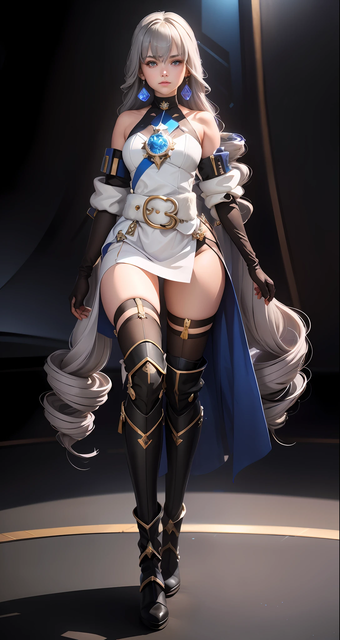 ph bronya, 1girl, solo, jewelry, earrings, long hair, grey hair, bangs, drill hair, bare shoulders, grey eyes, thigh boots, thighhighs, hair between eyes, boots, elbow gloves,sleeveless, black gloves, twin drills, belt, leggings, white dress, breasts, small breasts, black footwear, long sleeves, (masterpiece:1.2, best quality), (finely detailed beautiful eyes: 1.2), (detailed background,dark fantasy), (beautiful detailed face), high contrast, (best illumination, an extremely delicate and beautiful), ((cinematic light)), colorful, hyper detail, dramatic light, intricate details, (sharp face hair between eyes,dynamic angle), swirling black light around the character, depth of field,black light particles,(broken glass),magic circle,