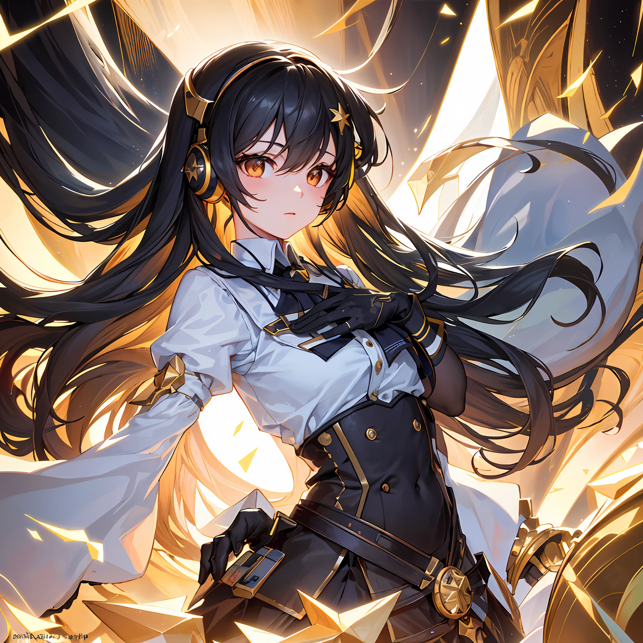 {{Illustration}}, {{Masterpiece}}, {{Best Quality}}, {High Resolution}, (1 girl), (Long Black Hair), (Headphones)), Upper Body, Hair ornament, Gloves, Golden frame, (Detailed light), Colorful, Layered background, (Gorgeous background), Dynamic angles, Reflected light, Ray tracing, Delicate background, (Shine)