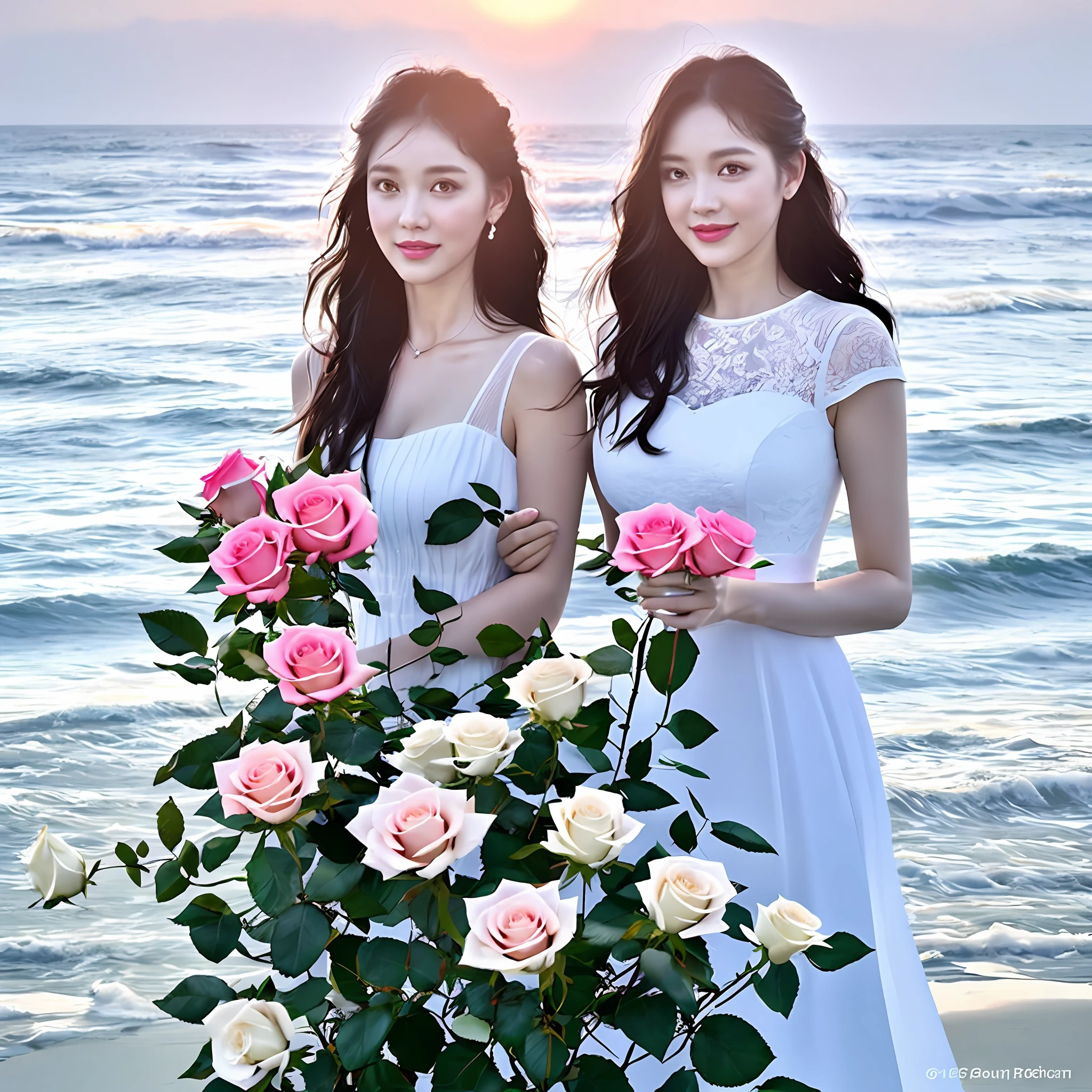 After rain by the sea, 100 pink and white roses bloom, seaside morning background, especially high-end, beautiful and gorgeous background, sunrise light coming in from behind, pink and white roses are illuminated by sunrise light, bright and transparent, beautiful, background bright transparent, picture bright, background blurred, bright, transparent, vibrant, backlight shooting, virtual engine, super clear light, three-dimensional hyper-real, large pieces of roses soaked in the sea