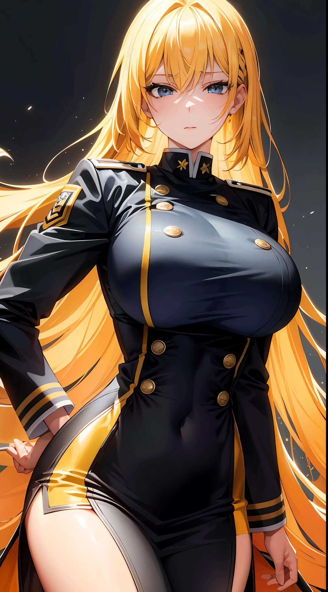 masterpiece, highly best quality, colorful, a woman, (adult uniform), (gal), (emotionless face), yellow hair, high contrast shiny oily skin, huge long breasts, sfw , portrait,