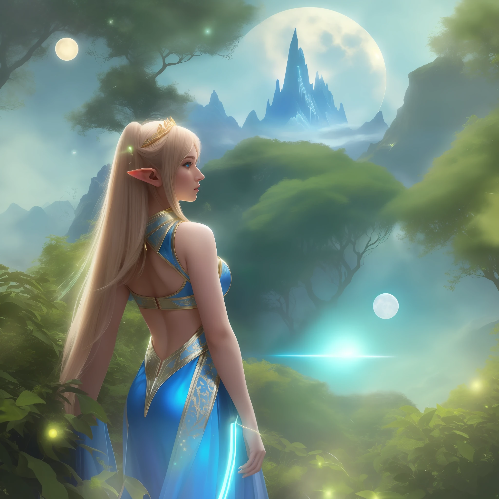 highly detailed color photo, rear angle, full body,close, close, of (female elf, wearing gold and silver costume, clouse-up, neon blue halo, face shield, neon blue light eyes), outdoors, (looking at advanced alien structure, in Middle-earth), toned body, big ass, (fantasy), (mountains: 1.1), (lush green vegetation), (3 moons in the sky: 0.8), (highly detailed, hyperdetailed, intricate), (lens flare:0.7), (bloom:0.7), particle effects, raytracing, diffuse cinematic lighting