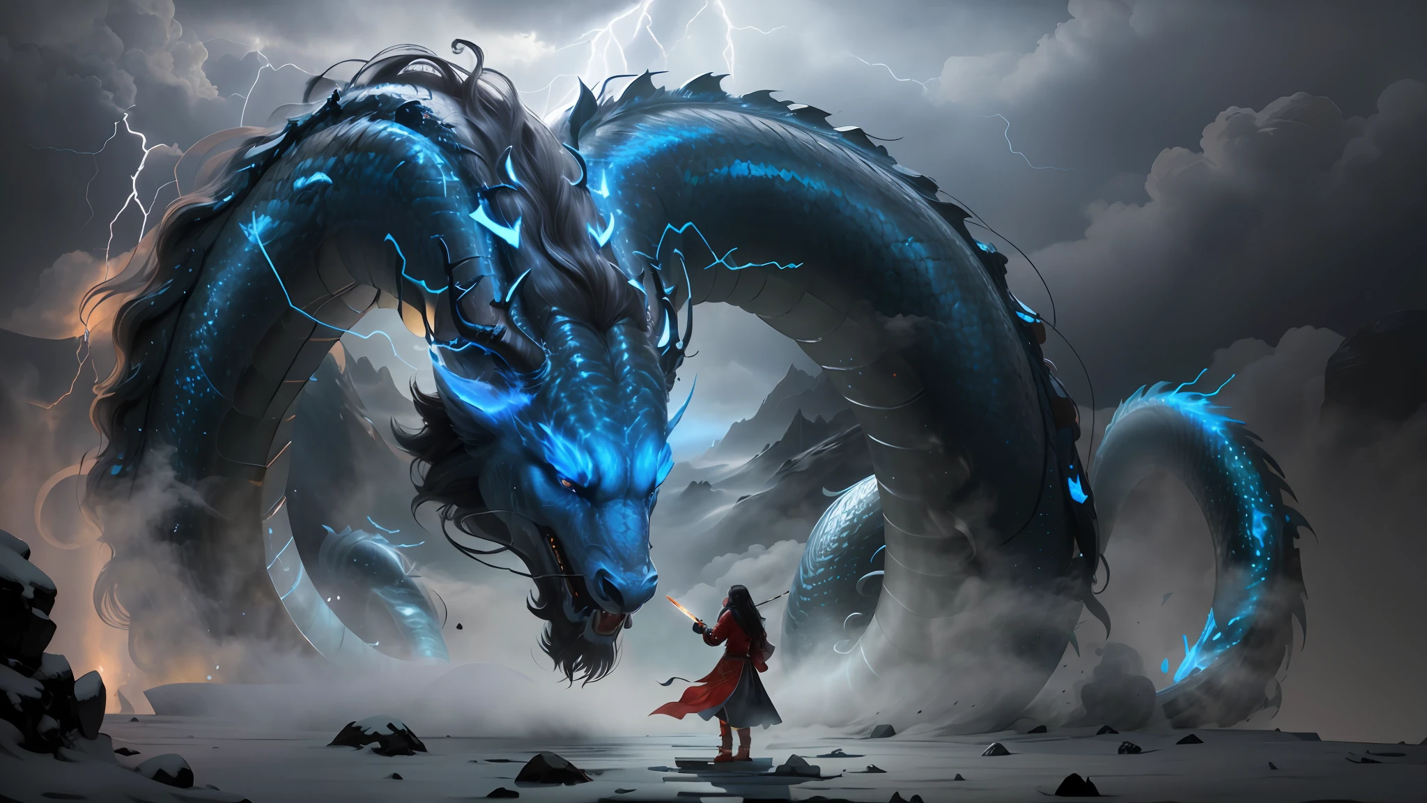 {best quality}, masterpiece, {highres}, original, extremely detailed 8K , photorealistic,intricate detail,, highlydetailed, ultra-detailed,ray tracing,(loong midair, flying,Looking at the camera,misty,fog, ), Dark clouds cover the sky,misty,(1boy,solo, long hair, holding sword, lightning surround, standing,fight), daoist, cinematic lighting, fire and ice split,daoist practice, spiral loong, cloud loong at the top,