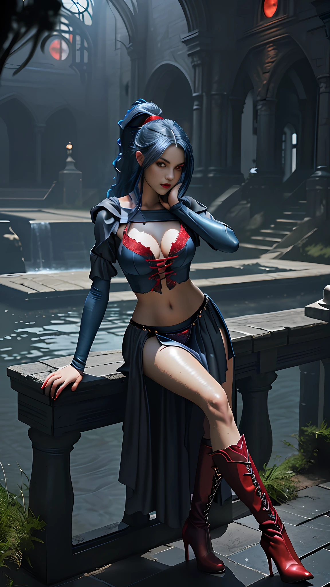 Perfect waist cut, Large breasts, Warrior girl with a scimitar on hand, Skimpy organza clothes ,dark blue hair with red highlights, (perfect nose), Seductive gaze, Boots on high heels (Best Illustration), 8k Resolution, Intricate Details, Best Quality, Realistic, Ultra Detailed, Best Lighting, Best Shadows, Ultra HD, A Necromancer style, Night, Magic, Dark Style, Vampire, (shining red eyes:1.6), masterpiece, high_res, Beautiful face, tyndall effect, photo realistic, (high detailed skin:1.2), 8k uhd, dslr, high quality, Photograph, high resolution, 4k, 8k, Bokeh, absurdres, ponytail contorted, best ratio four finger and one thumb, front view, dark blue hair gorgeous, perfect proportional skinny fitness body, full body view, wet skin, wet clothes, dark cathedral baground scenery, huge bobs, belly muscle, long fit perfect legs