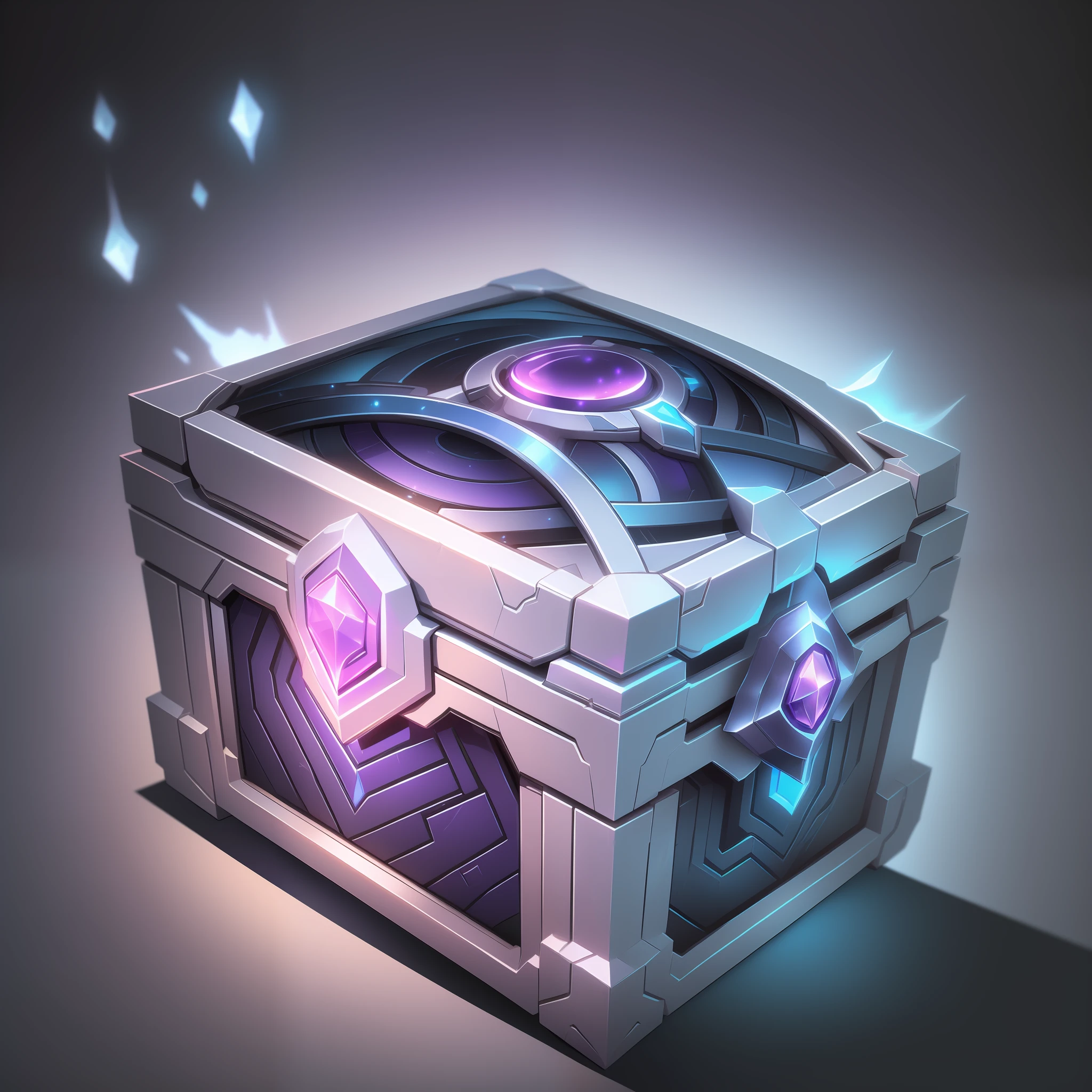(Masterpiece, Top Quality, Best Quality, Official Art, Beautiful Beauty: 1.2), (8k, Best Quality, Masterpiece: 1.2), (((White Background,))) (Item/baoxiang), Fantasy, a cyberpunk style treasure chest, purple and blue