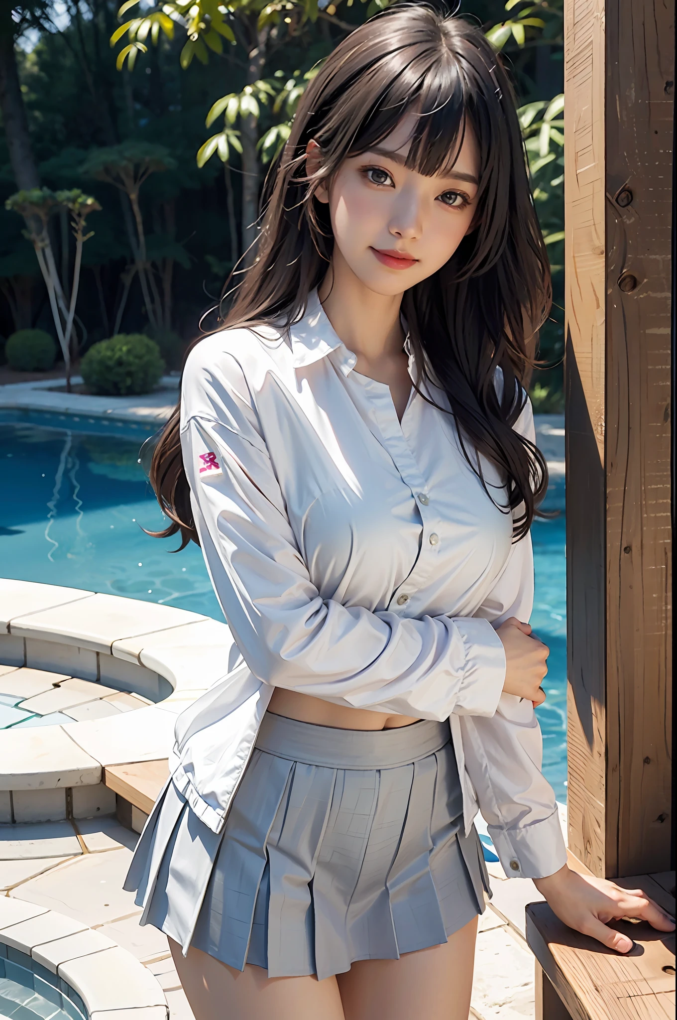 slender, very elaborate girl, very elaborate face, beautiful eyes, light hitting the face, viewer looking, mouth closed, light smile, (realistic, photorealistic: 1.37), ultra detailed, (photorealistic: 1.4), girl, solo bangs, border swimsuit, blush, breasts, long hair, triangular bikini, bangs, pleated skirt, black hair, brown eyes, shirt, Simple background, skirt, light smile, close mouse, suit, two side up, white jacket, white shirt, yuuka\(blue archive\), masterpiece, high resolution, (best quality: 1.2), aged down, thigh, pool