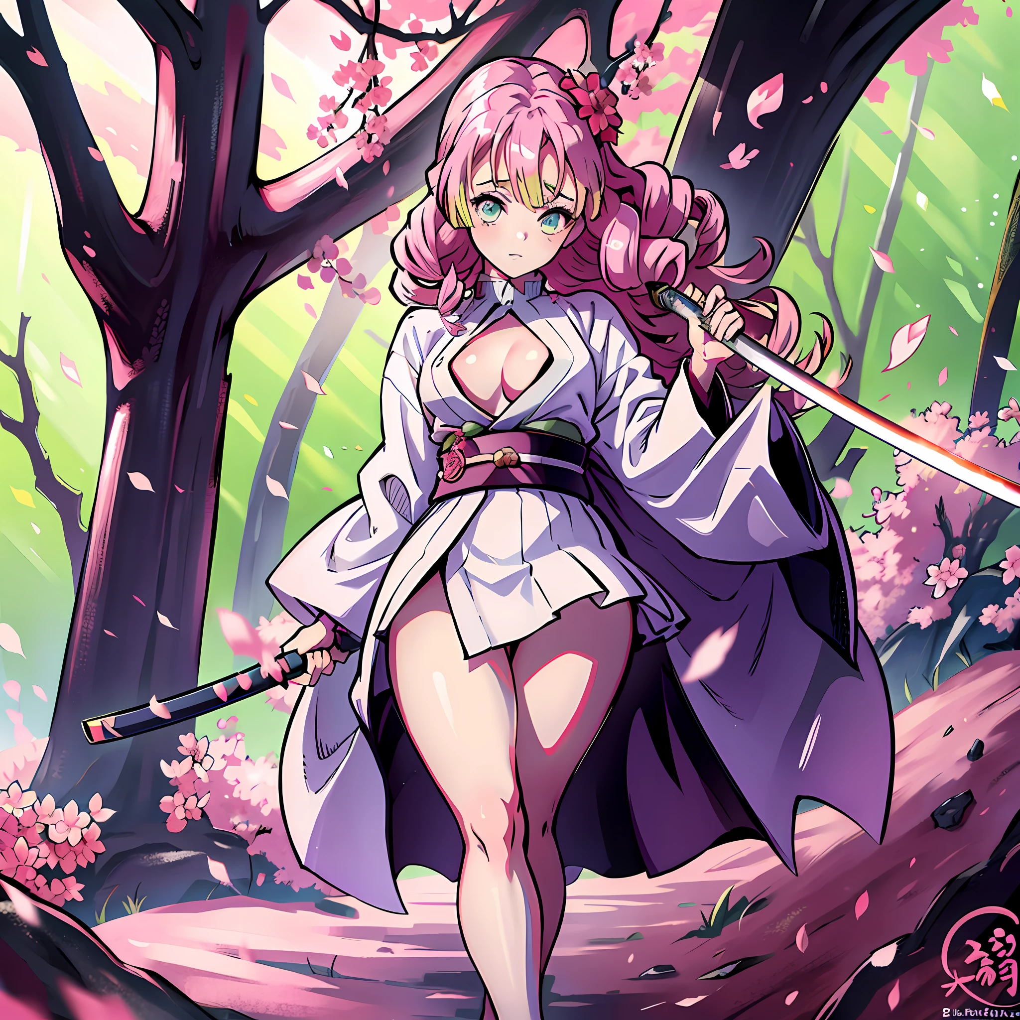 a girl in a sakura forest holding a katana, 1girl, beautyful, ultra detailed, kimetsu no yaiba, cute, solo, fullbody, good anatomy, standing, katana, beautyful body, sakura forest, beautyful legs, beautyful face, high quality, anime, beautyful background, beautyful, kimono, masterpiece, detailed hand, detailed legs, detailed face, detailed katana