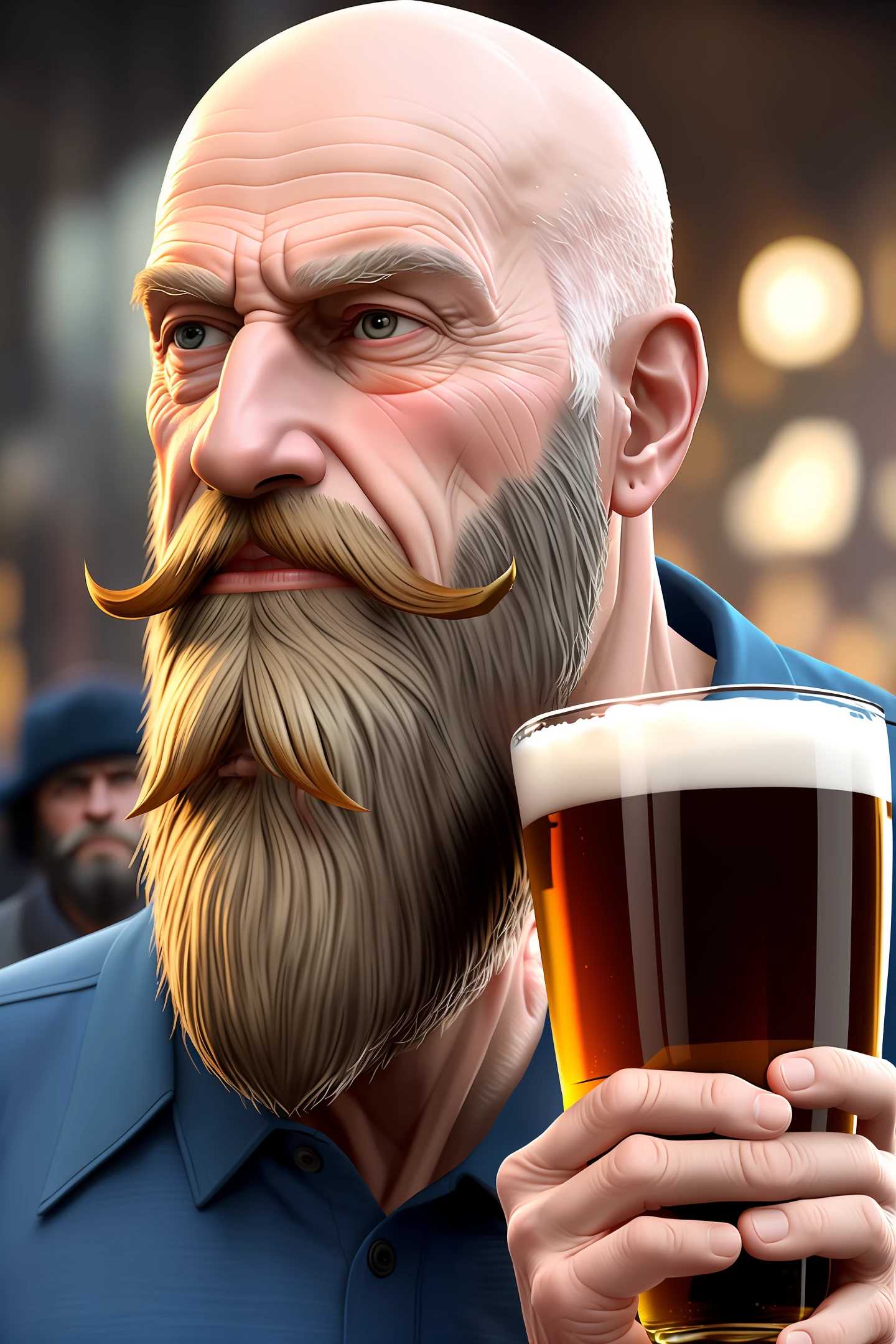 Creates a photo utra realistic in 8k: a 70-year-old man with little hair, long, bald, drinking beer, black eyes, big beard and cap.