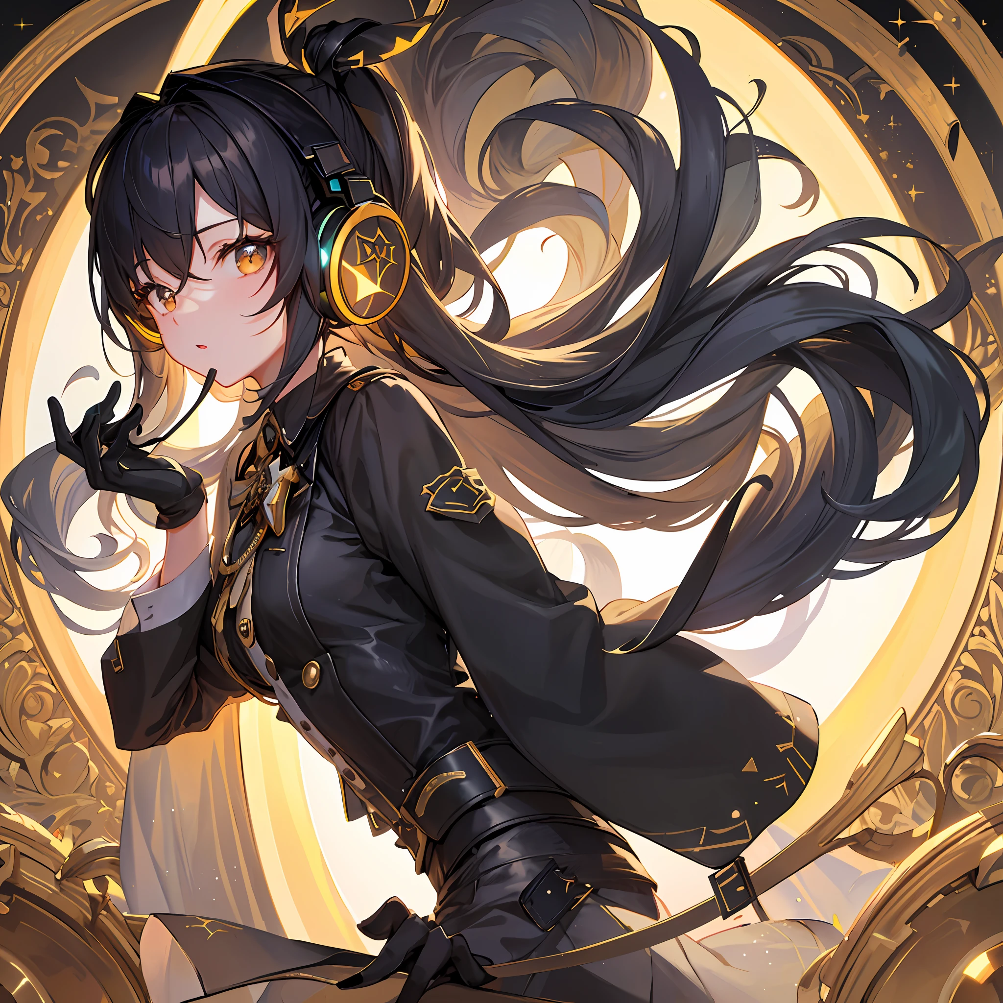 {{Illustration}}, {{Masterpiece}}, {{Best Quality}}, {High Resolution}, ((1 girl)), (Long Black Hair), (Headphones)), Upper Body, Hair Ornament, Gloves, Golden Frame, (Detailed Light), Colorful, Layered Background, (Gorgeous Background), Dynamic Angles, Reflected Light, Ray Tracing, Delicate Background, (Shine), Lollipop