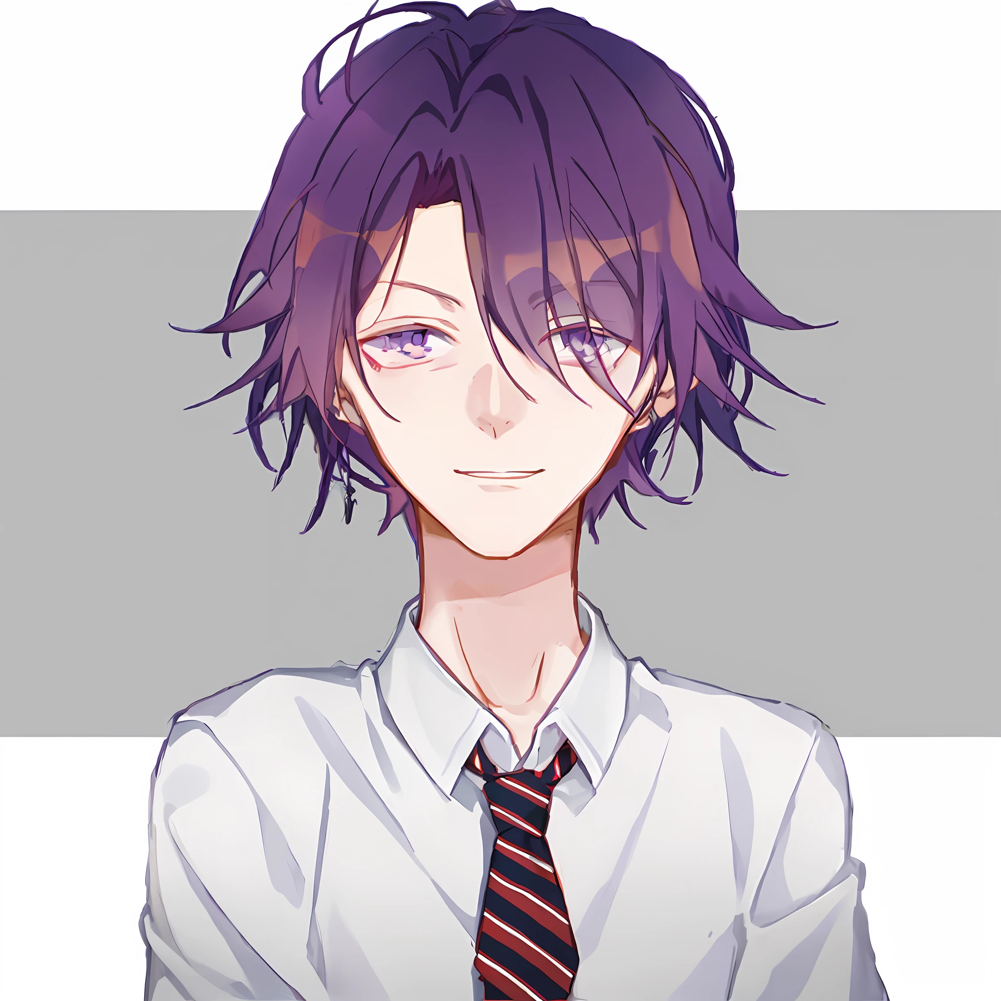 anime boy with purple hair and tie wearing a white shirt, inspired by Okumura Togyu, [[[[grinning evily]]]], anime moe artstyle, gapmoe yandere, yandere. tall, inspired by Okumura Masanobu, yandere, young anime man, hana yata, anime boy