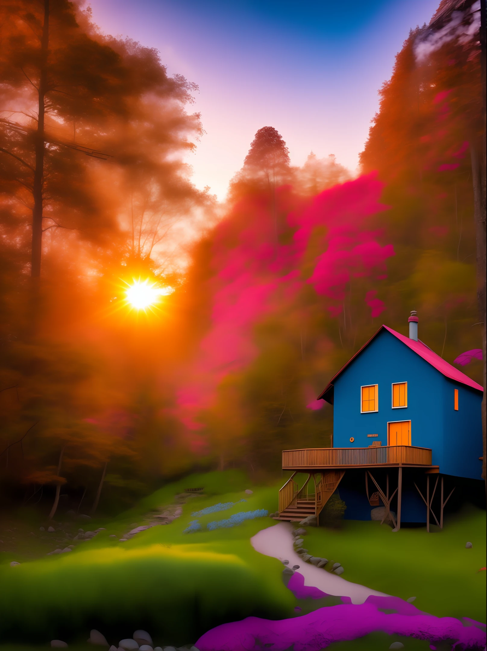 Imagine a breathtaking landscape where the sun is setting on the horizon. The colors of the sky are a blend of soft shades of pink, orange, and violet. In front, there is a calm stretch of water reflecting the colors of the sky. A dense and lush forest extends along the shoreline, with tall trees and leafy canopies. In the midst of the landscape, there is a small wooden cabin with smoke coming out of the chimney. Surrounding the cabin, there is a vibrant garden with colorful flowers and exotic plants. Next to the cabin, a winding path leads to a grassy hill. At the top of the hill, a wooden swing sways gently in the wind. Use your imagination to create a visually stunning image of this scene.