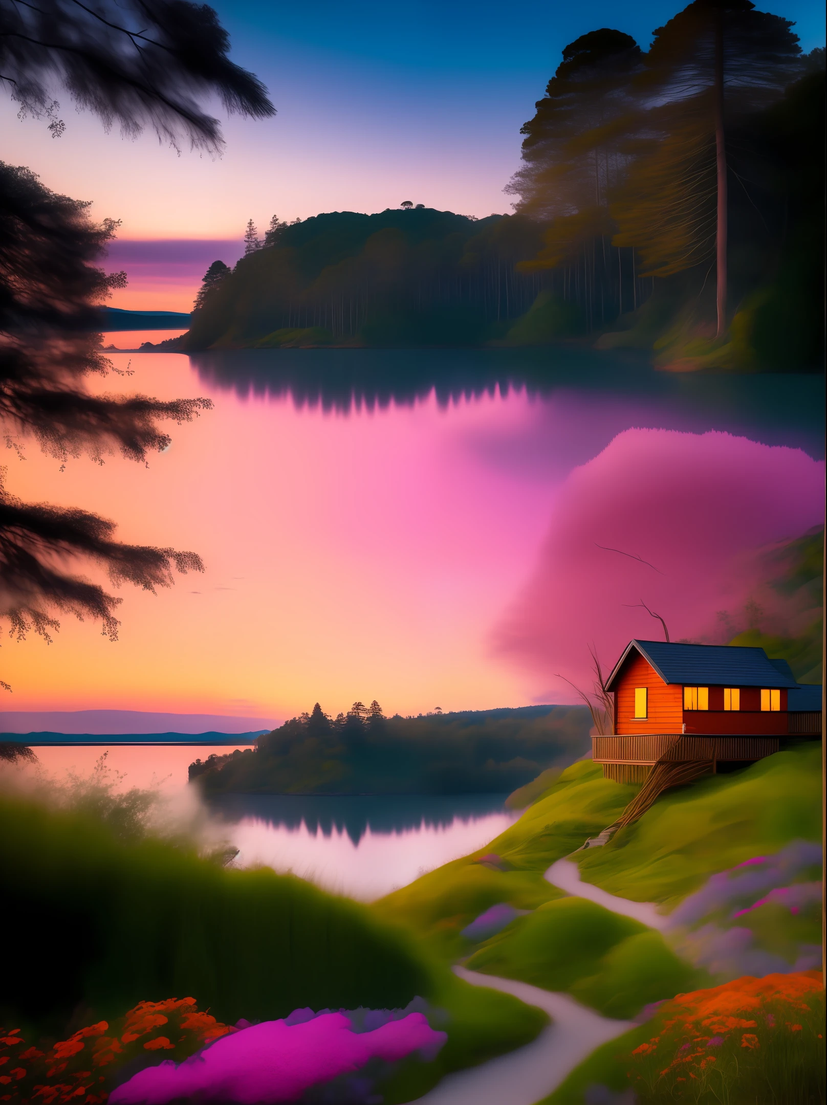 Imagine a breathtaking landscape where the sun is setting on the horizon. The colors of the sky are a blend of soft shades of pink, orange, and violet. In front, there is a calm stretch of water reflecting the colors of the sky. A dense and lush forest extends along the shoreline, with tall trees and leafy canopies. In the midst of the landscape, there is a small wooden cabin with smoke coming out of the chimney. Surrounding the cabin, there is a vibrant garden with colorful flowers and exotic plants. Next to the cabin, a winding path leads to a grassy hill. At the top of the hill, a wooden swing sways gently in the wind. Use your imagination to create a visually stunning image of this scene.
