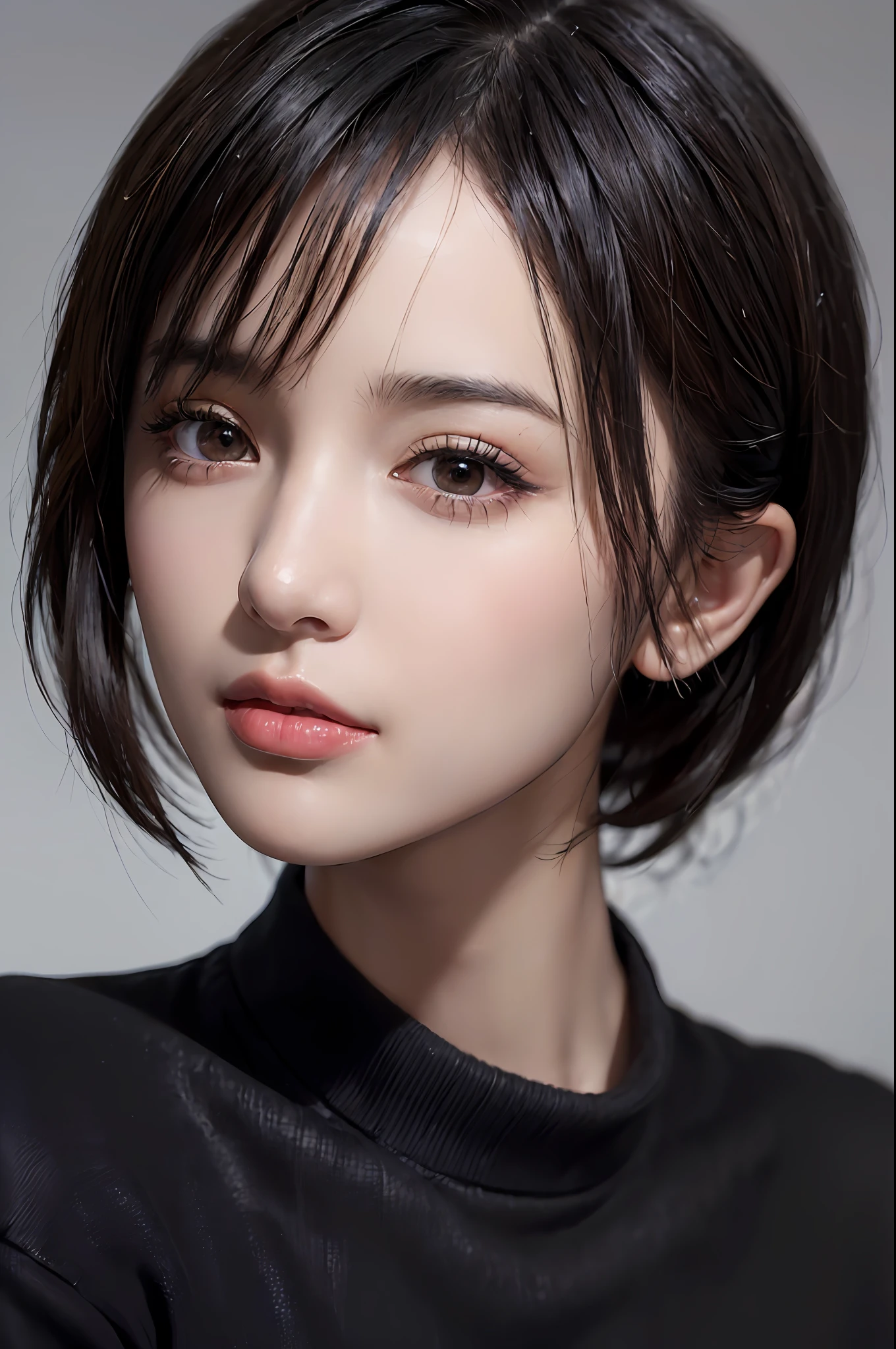 (masterpiece:1.3), (8k, photorealistic, RAW photo, best quality: 1.4), (1girl), beautiful face, (realistic face), (black hair, short hair:1.3), beautiful hairstyle, realistic eyes, beautiful detailed eyes, (realistic skin), beautiful skin, (sweater), absurdres, attractive, ultra high res, ultra realistic, highly detailed, golden ratio