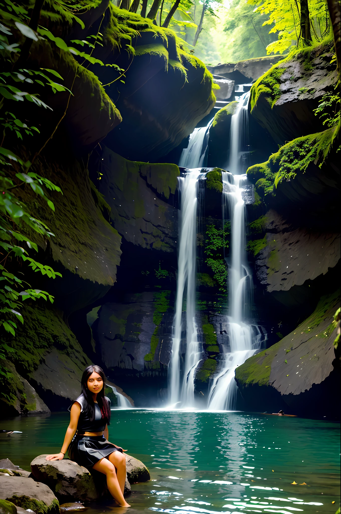 (portrait:1.2), beautiful girl, age 30, (wearing dress uuma black mini leather skirt:1.1), Indonesian, bathing in the river, sunset, afternoon, forest, river, waterfall, rocks, falling leaves, (4K, 8K, ultra realistic, photograph, detailed and background:1.2),