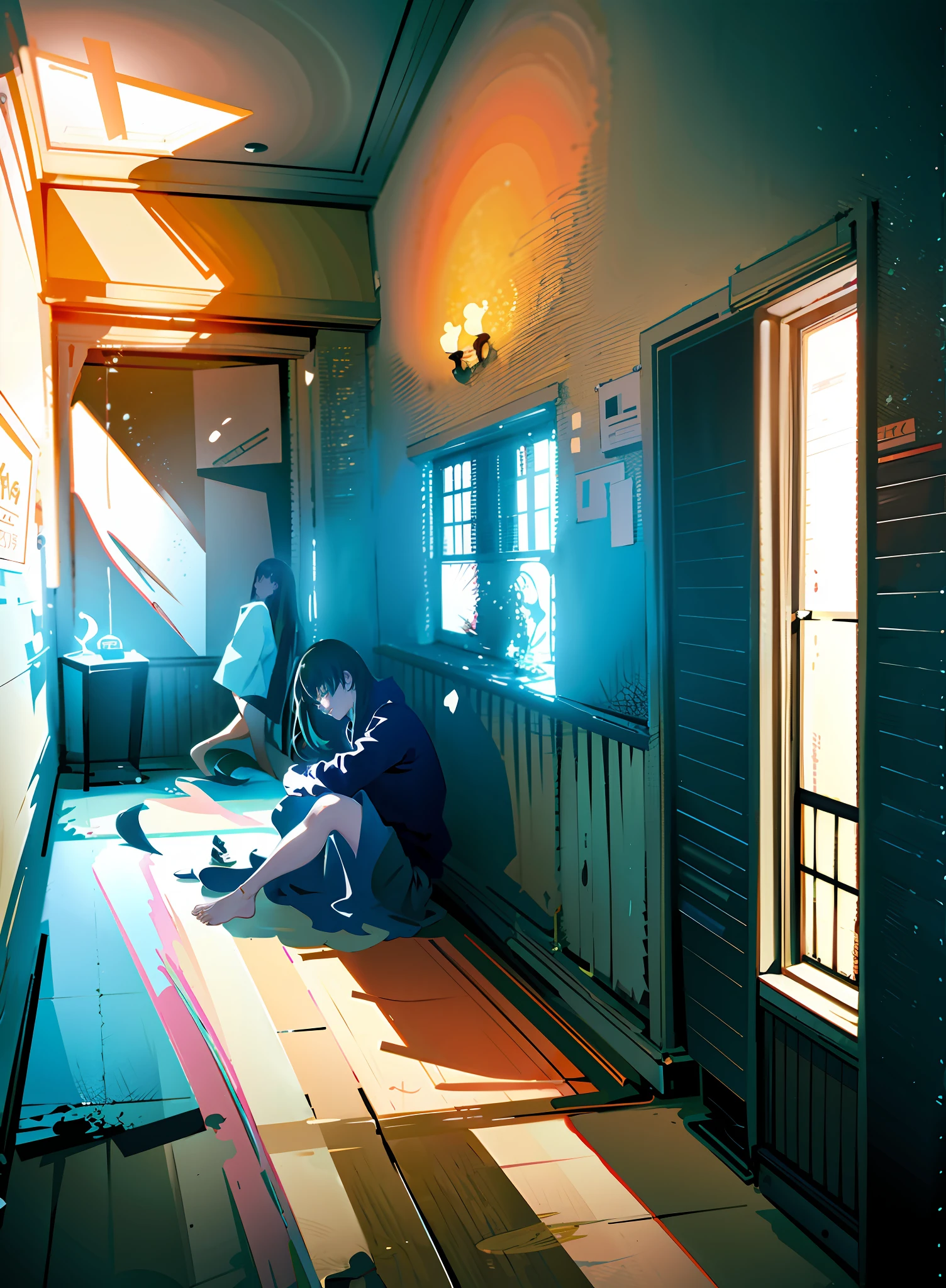 There was a woman sitting on the floor in the room, resting. Digital illustration, emotional concept art, atmospheric. Digital painting, interior background art, keyframe illustration, joy. Author: Makoto Shinkai, cheerful art, blurry and dreamy illustration, clean room, hard light digital painting, emotional pictures, in the room, mood painting