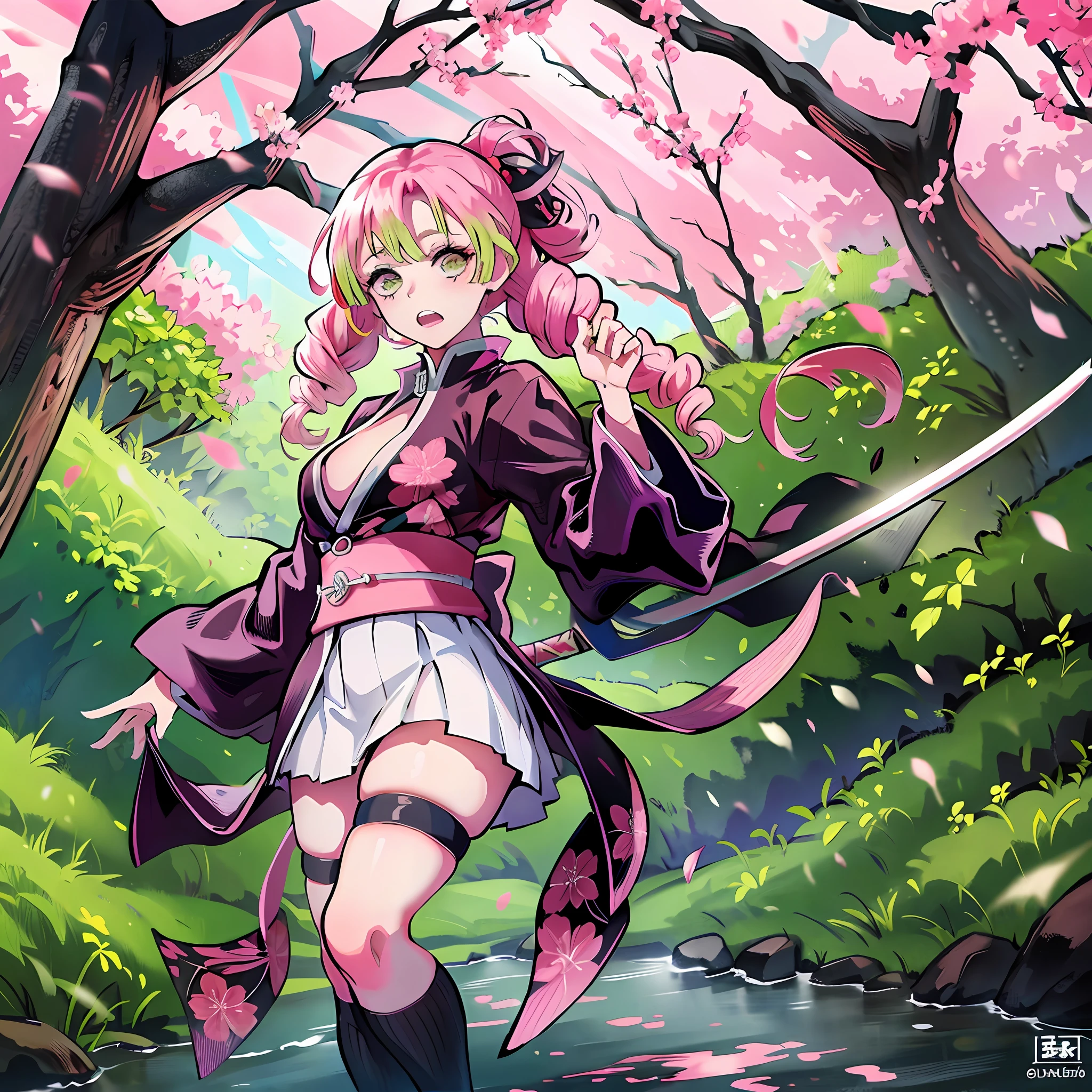 a girl in a sakura forest holding a katana, 1girl, beautyful, ultra detailed, kimetsu no yaiba, cute, solo, fullbody, good anatomy, standing, katana, beautyful body, sakura forest, beautyful legs, beautyful face, high quality, anime, beautyful background, beautyful, kimono, masterpiece, detailed hand, detailed legs, detailed face, detailed katana