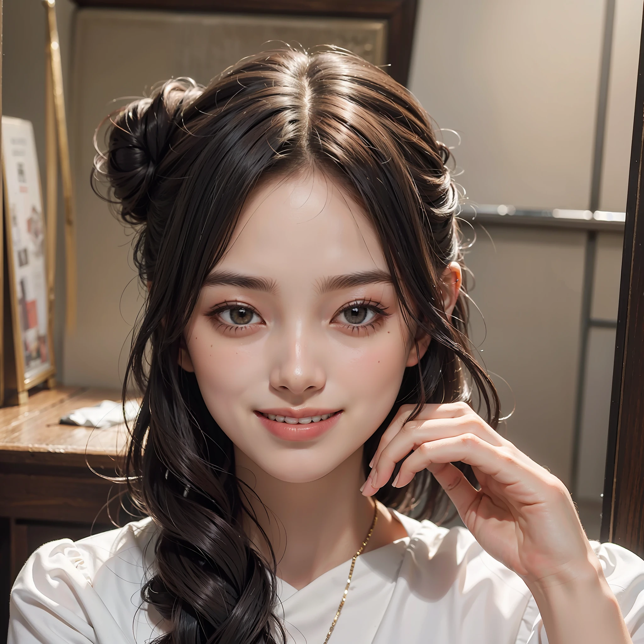 best quality, masterpiece, ultra high res, photography, 1girl, home, smile, one bun hairstyle