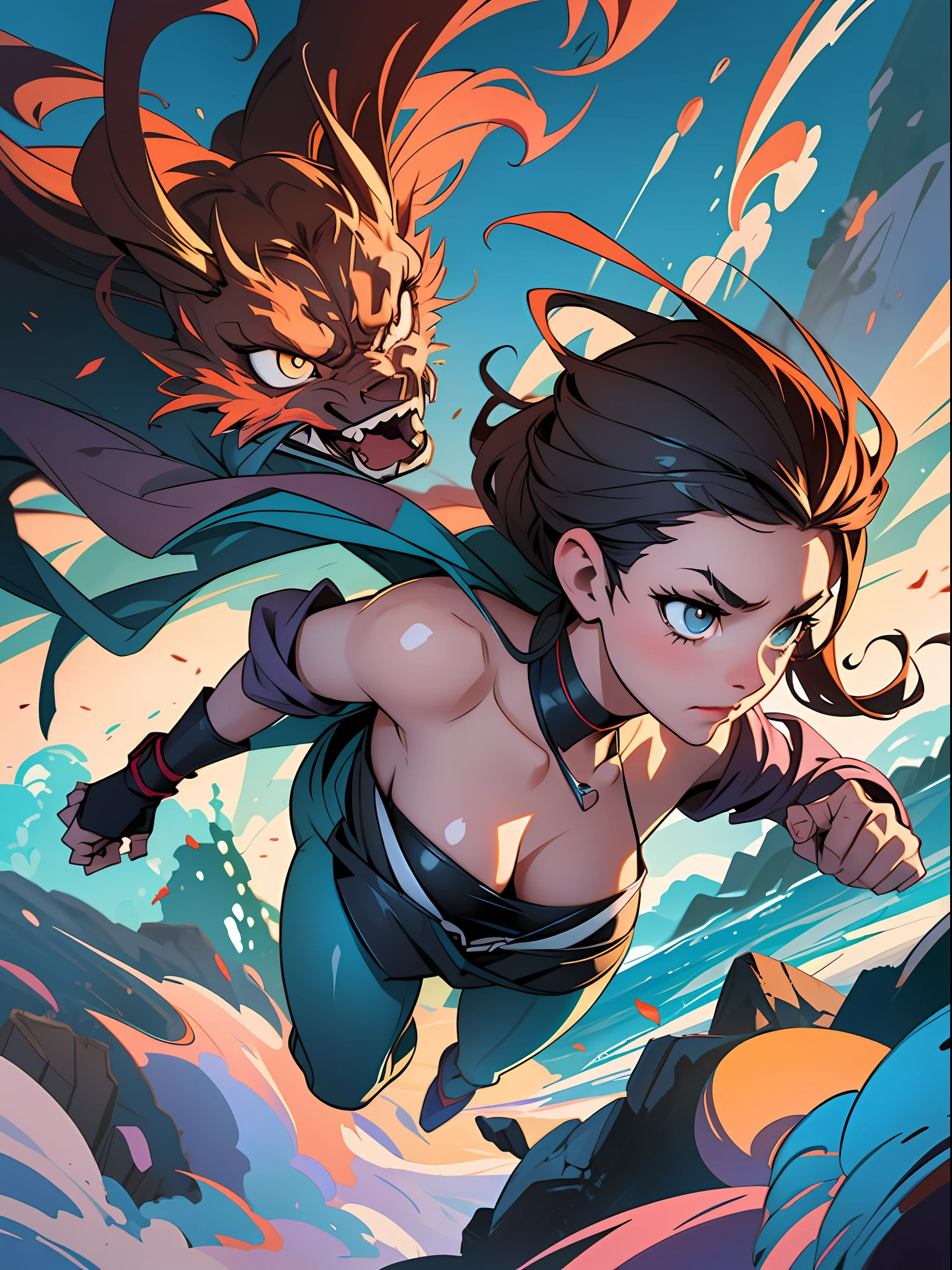 A close up portrait of a single courageous adventurer during a thrilling escapade, dashing through treacherous terrain towards unknown adversaries. Urban background, collapsing walls, raging storm clouds. Emphasize the hero's confidence, fearlessness, and agility, depicting them in graceful poses amidst chaos and danger. Lifelike muscles, fluid motion, and crisp lines, with each detail precise and meaningful. Render in a stylized, comic book art style reminiscent of classic superhero sagas, evoking nostalgia and admiration