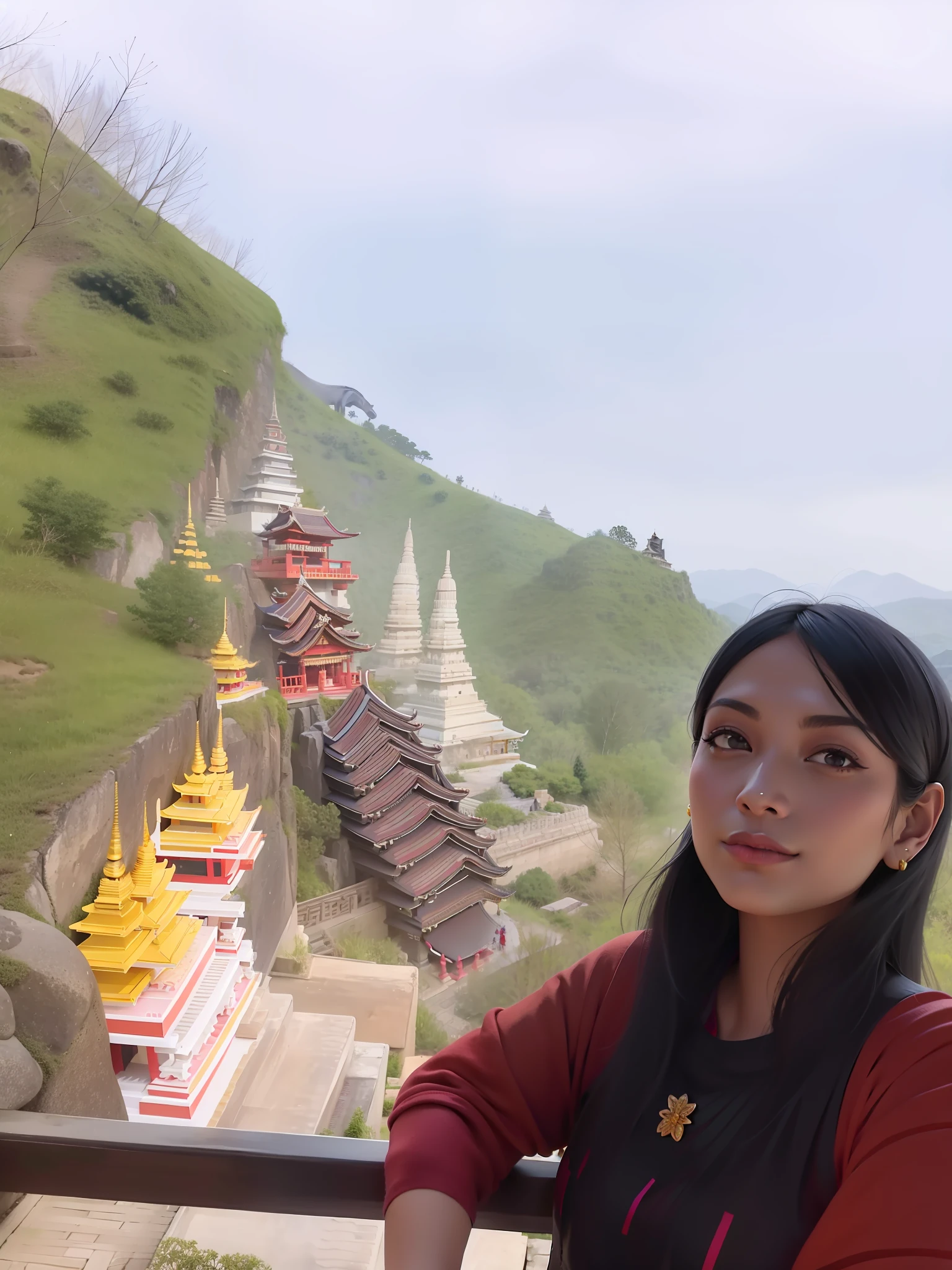 Slim woman sitting on a balcony overlooking a mountain with a view of a temple, pagodas on hills, temples behind her, photo taken in 2 0 2 0, temple in the background, nivanh chanthara, 8 k. filling of the view, sitting on temple stairs, with mountains in the background, with radiating hill, at an ancient city