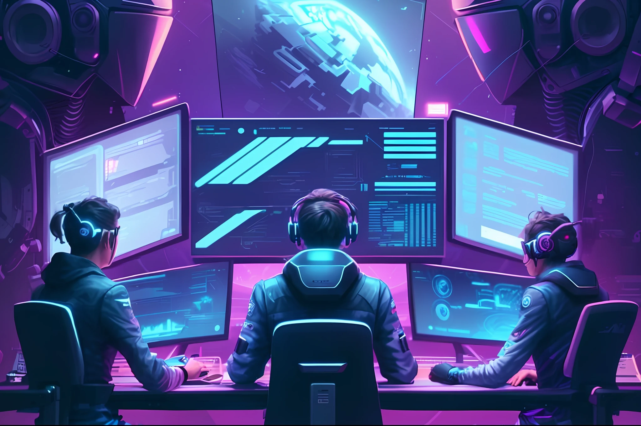 Three joovens sitting in their gaming chairs, with their heatsets, in front of their computers, with large and bright screens, futuristic style, cyberpunk, high quality
