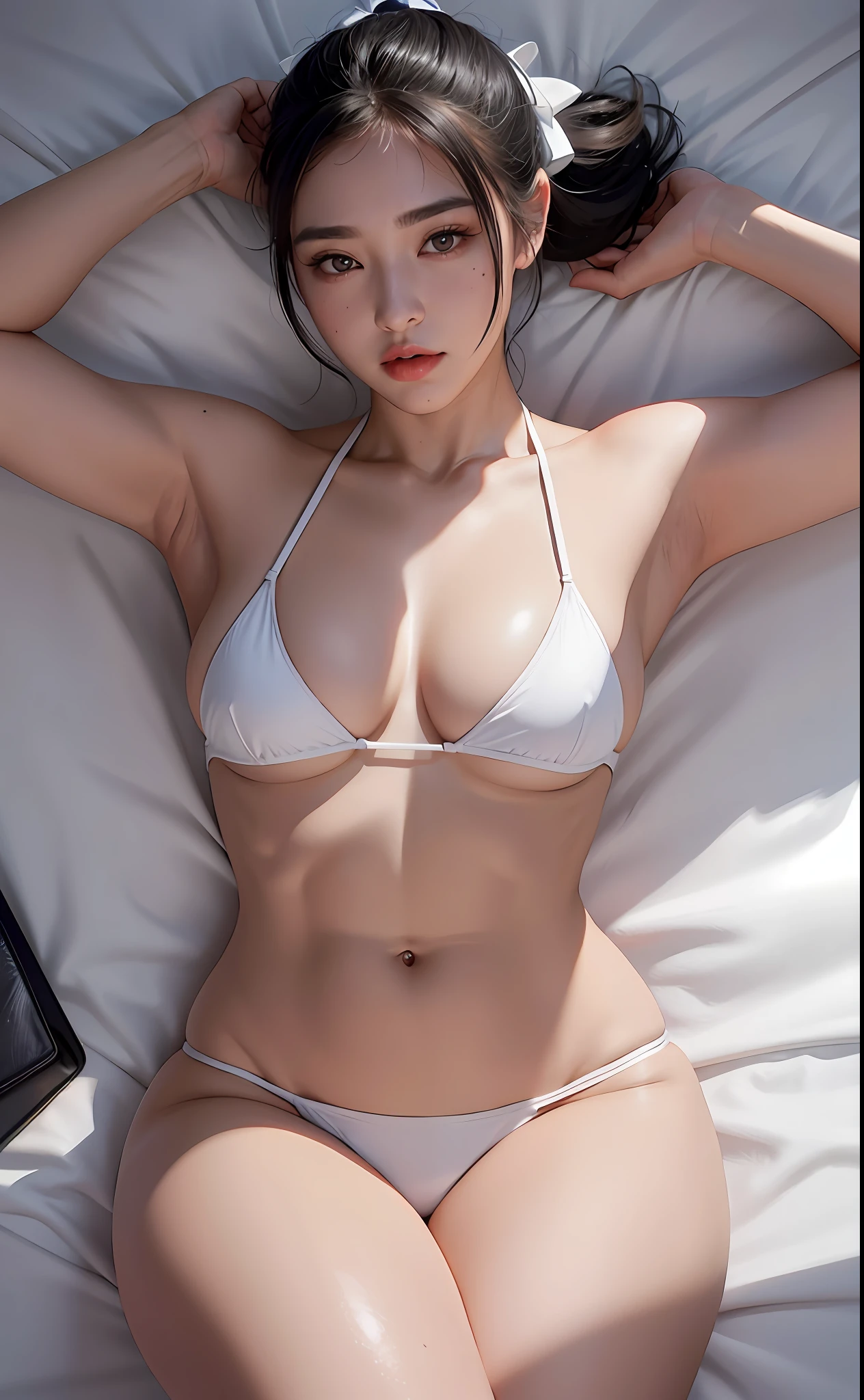 Realistic, 8k, 1girl, long white black ponytail hair, Chinese, heterochromic eyes, moles under the eyes, thick eyebrows, bikini, white panties, tuned abs, thighs, in bed