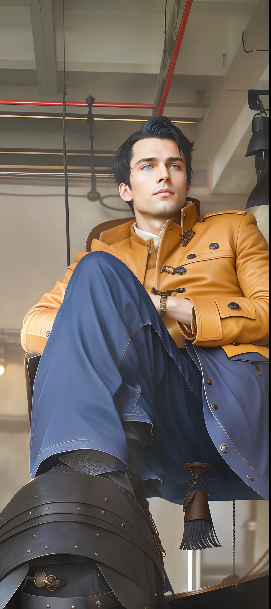 masterpiece, best quality, 1man, adult, male focus, solo, medium black hair, vibrant blue eyes, looking at viewer, closed mouth, bangs, Fantasy aesthetics, Highly detailed, shadowverse style, leather coat