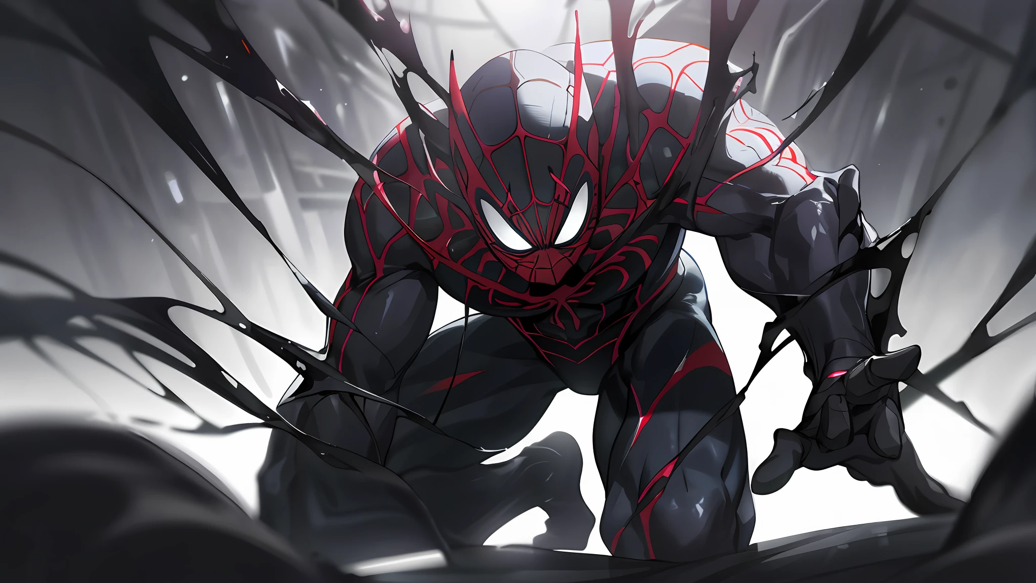 Spider - Black and White Man with, Fine Art, PS5 Cinematic Screenshot, Symbiote, Highly Detailed Spider - Man, Venom Symbiote, Detailed Cinematic Rendering, Ultra Photorealistic Raytricing, with Cinematic Lighting