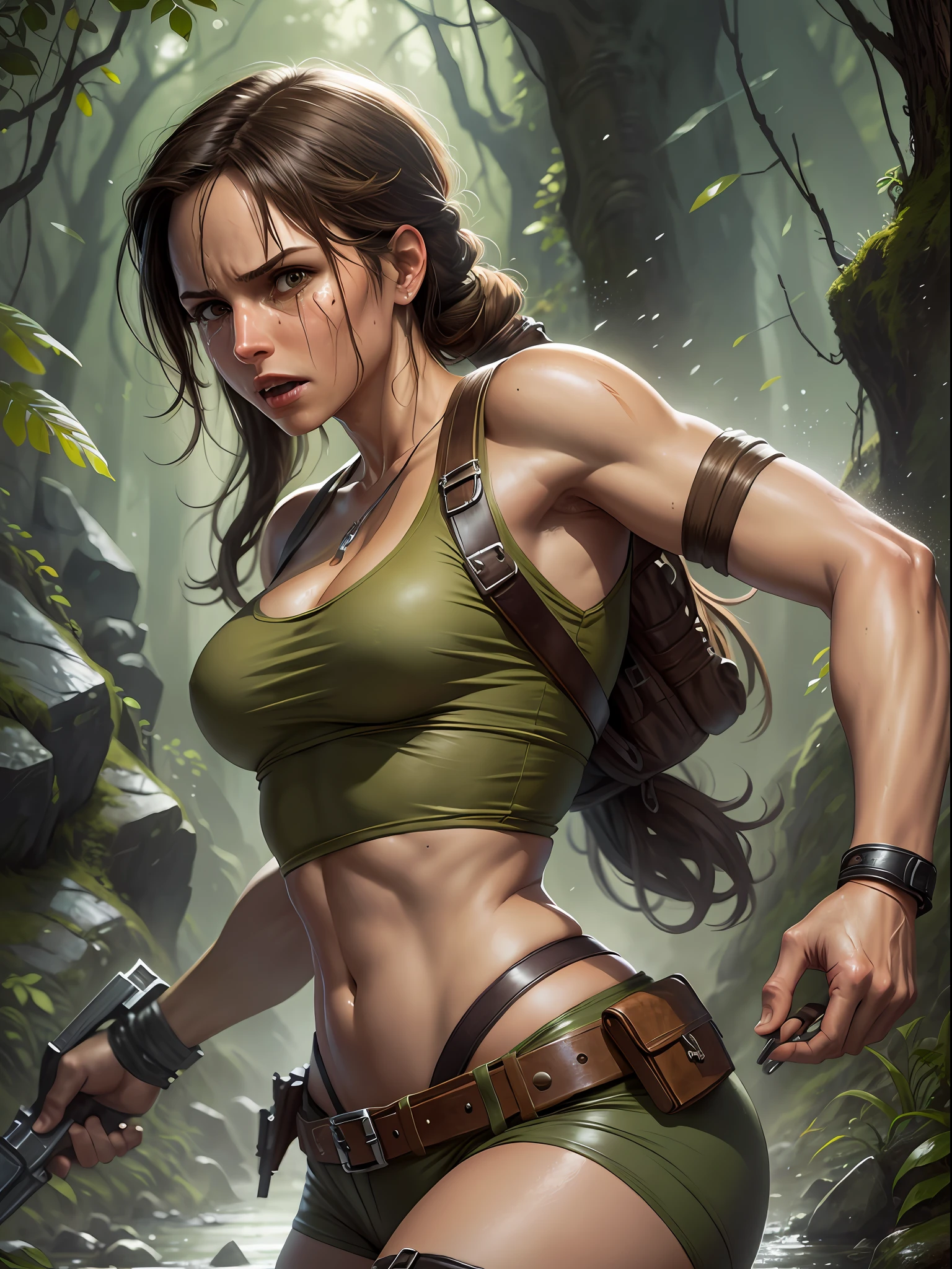 lara croft of tomb raider, crying helplessly defeated, masterpiece, award winning, best quality