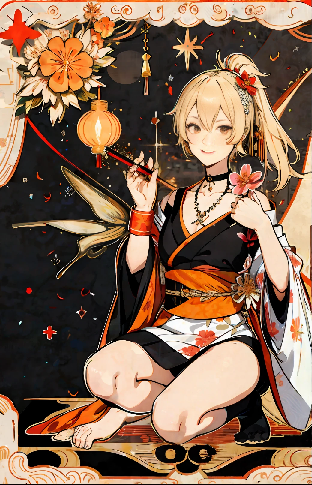 masterpiece, exquisite, high-resolution, single woman, blonde, medium hair, asymmetrical hair, floating hair, blindfold, high ponytail, side lock, hair ornament, fish hair ornament, tassels, kanzashi, bangs, orange eyes, open mouth, smile, teeth, upper teeth only, choker, red choker, pendant choker, butterfly choker, collarbone, tattoo, chest tattoo, flower tattoo, cleavage, middle chest, thighs, bandages, bandaged legs, sarashi, budget sarashi, chest sarashi, black sash, hadanugi dosa,, kimono, kimono, drawstring, obi, obiage, obijime, orange kimono, drawstring, patterned kimono, rope, obi, shimenawa, short kimono, bare shoulder, genshin, east east Asian architecture, cherry blossoms, full body, squatting, sparkler, night, fireworks, fireworks, legs crossed, Feet, Single Gloves, Single Fingerless Gloves, Wristband, Black Socks,
