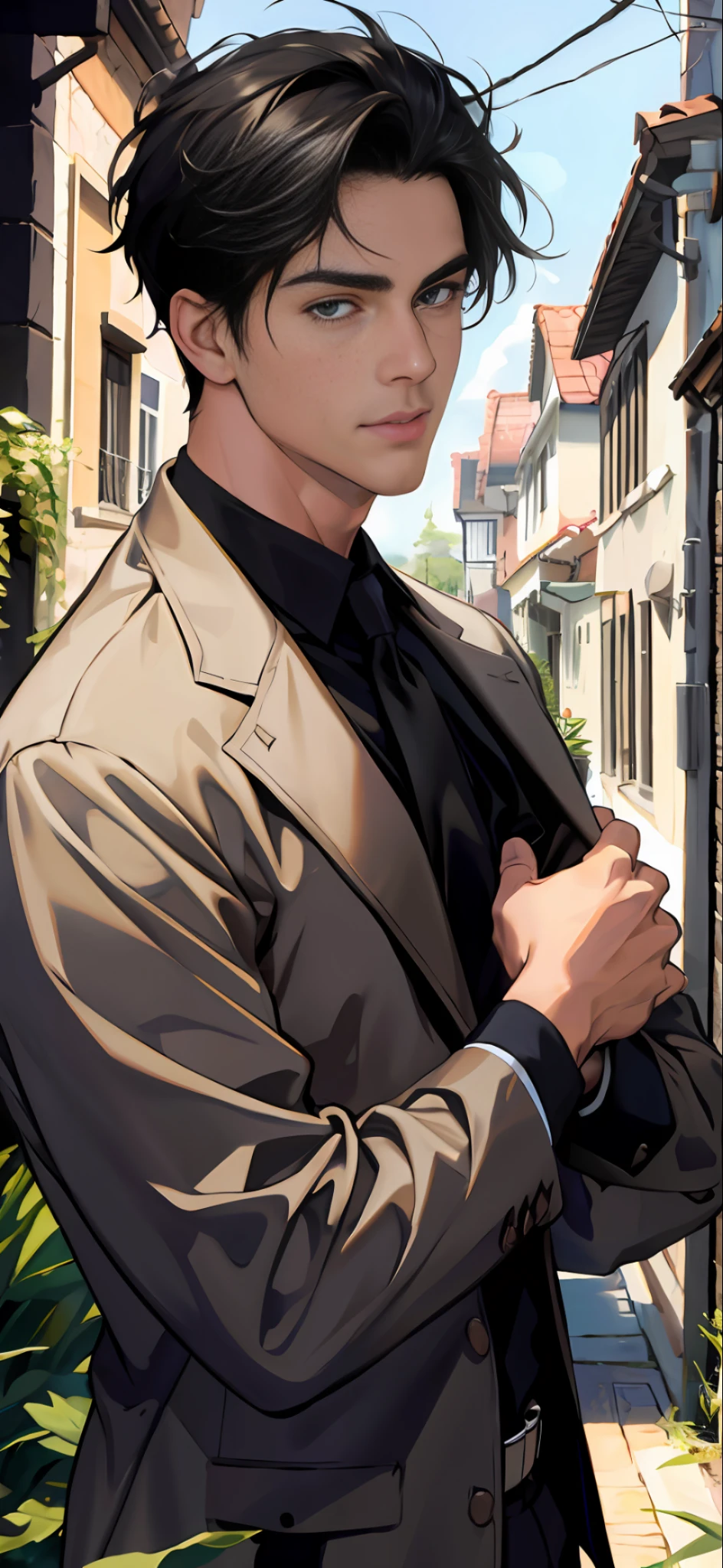 best quality, masterpiece, highres, 1boy,male,solo,upper body, mature male,black hair, Surrealism, 8k, super detail