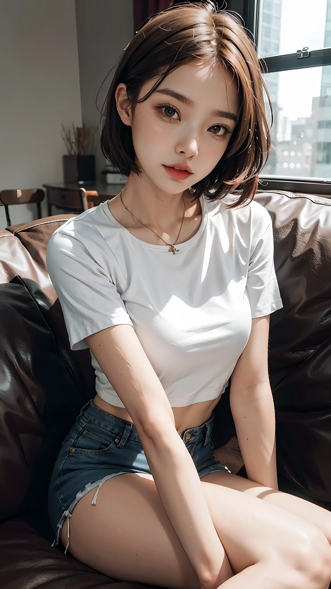 Beautiful woman sitting with legs open looking at camera, short jean shorts