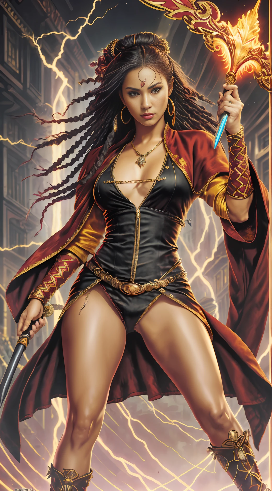 Highly real, photorealism (dynamic:1.2) detailed scene art (rutkowski:1.2), ((battle spear in hand)), (angry expression), beautiful, (full body) (four fingers and a thumb) (((details of the robes in red and yellow silk))) (dark skin), ((long dreadlocks)) ((a beautiful, beautiful black woman)), (fantastic amazing decoration, lightning storm in the background:1.2), explosive, delightful anatomy, (fantastic art of the perfect goddess, 64K Ultra HD:1.1), (art by Apterus, art by Dan Mumford:1.2)