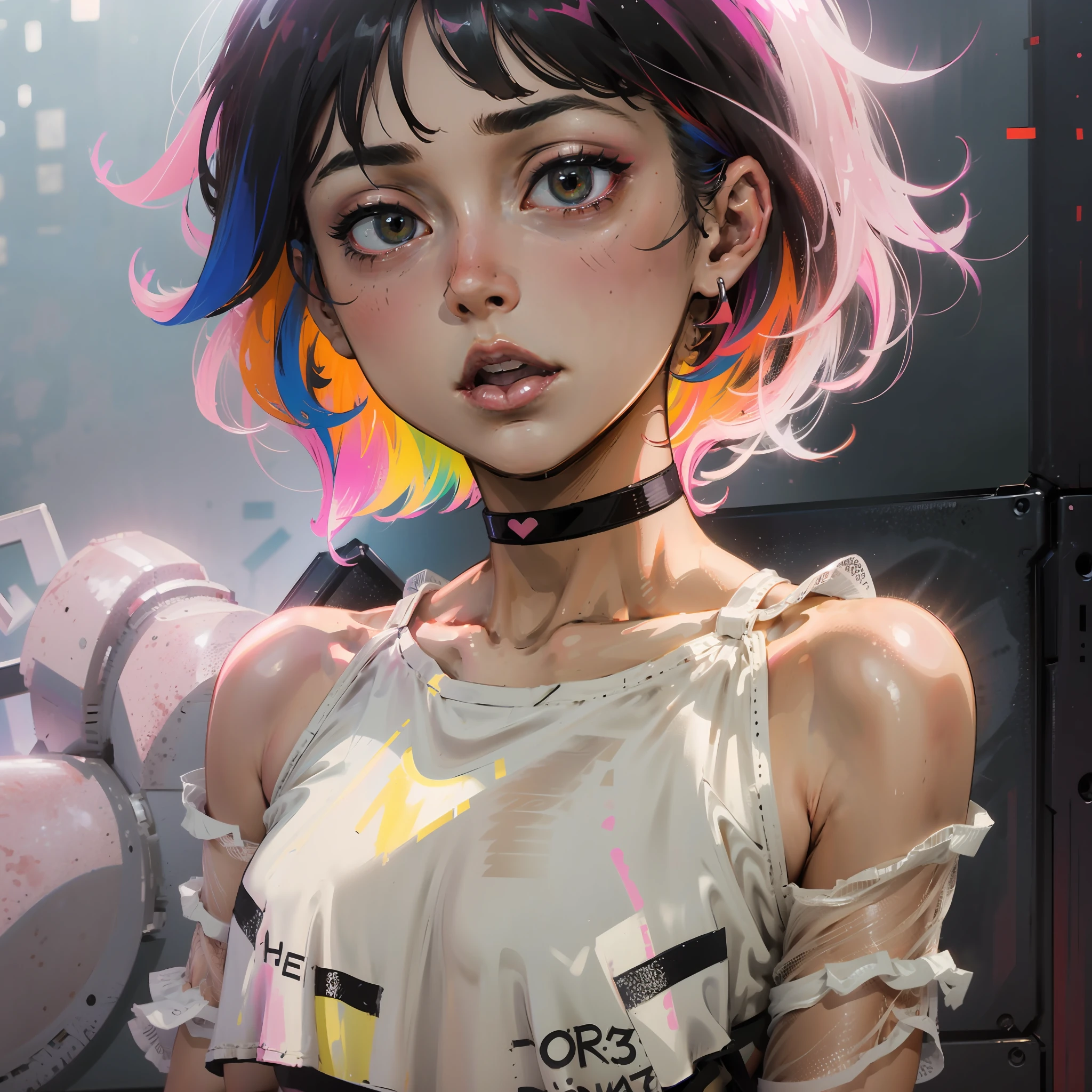 ((medium ??????, tomboy girl, small head)), daylight, sunlight, (perfect body : 1.1), (short wavy hair : 1.2) , choker, full body shot,  ((wearing a pink see-through tight wet tube crop top)), ((?????)), (extremely detailed CG 8k wallpaper), (an extremely delicate and beautiful), (masterpiece), (best quality:1.0), (ultra highres:1.0), beautiful lighting , ????????, perfect lightning,pulling skirt, realistic shadows, [highres], detailed skin, ultra-detailed, spread thigh, squatting on the floor, black thigh-highs, boots, large earring, (((colorful))), (loosely worn top), beauty mark, angle from below suitable for viewing in public places, perfectly