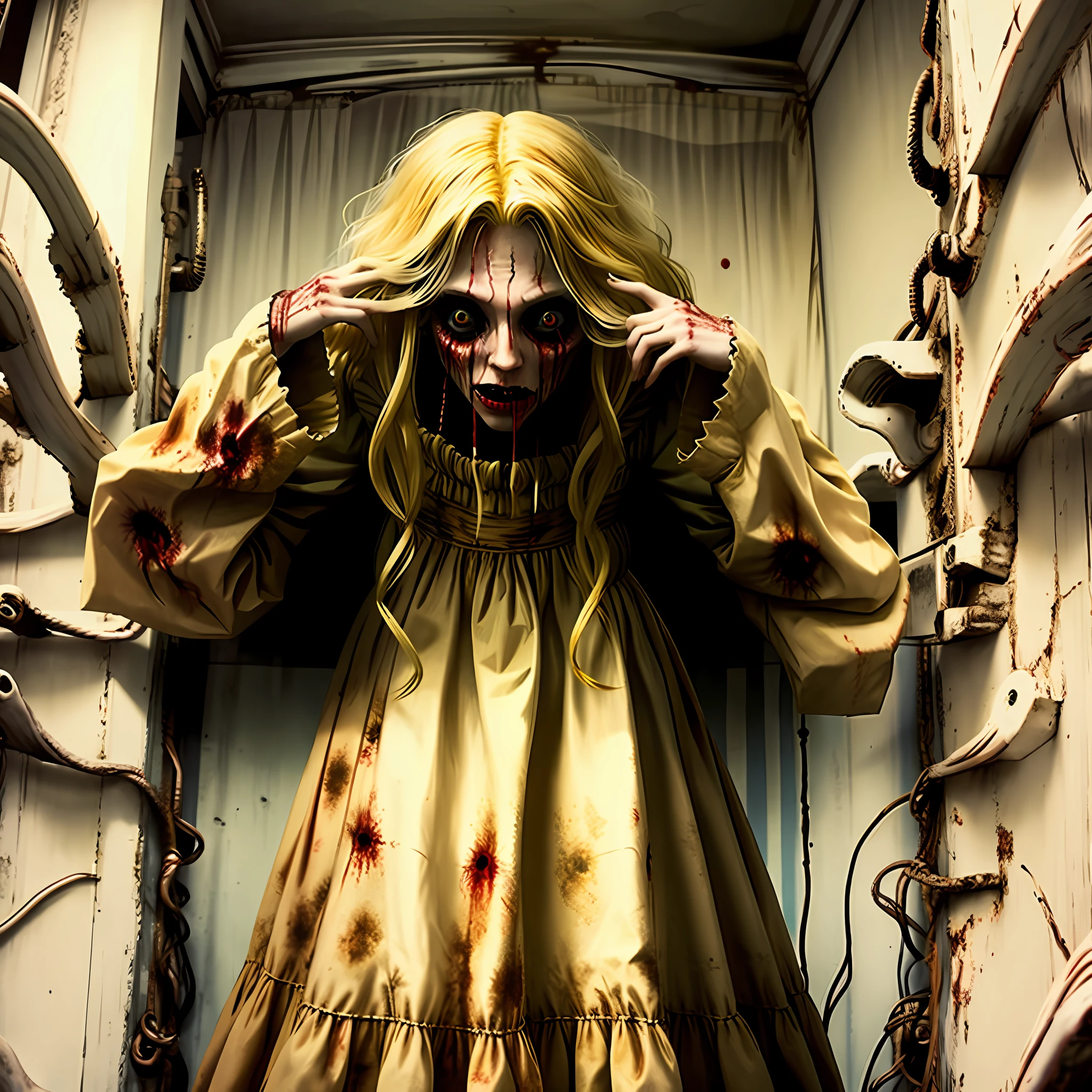 reelhorror, creature made of hair,, crature mature female, rapunzel, long yellow hair, blood, death, messy, monster, pov scene, pov, horror, crotesque,