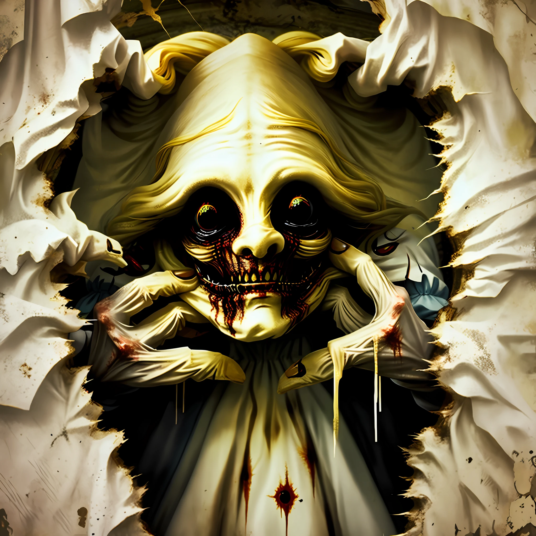 reelhorror, creature made of hair,, crature mature female, rapunzel, long yellow hair, blood, death, messy, monster, pov scene, pov, horror, crotesque,