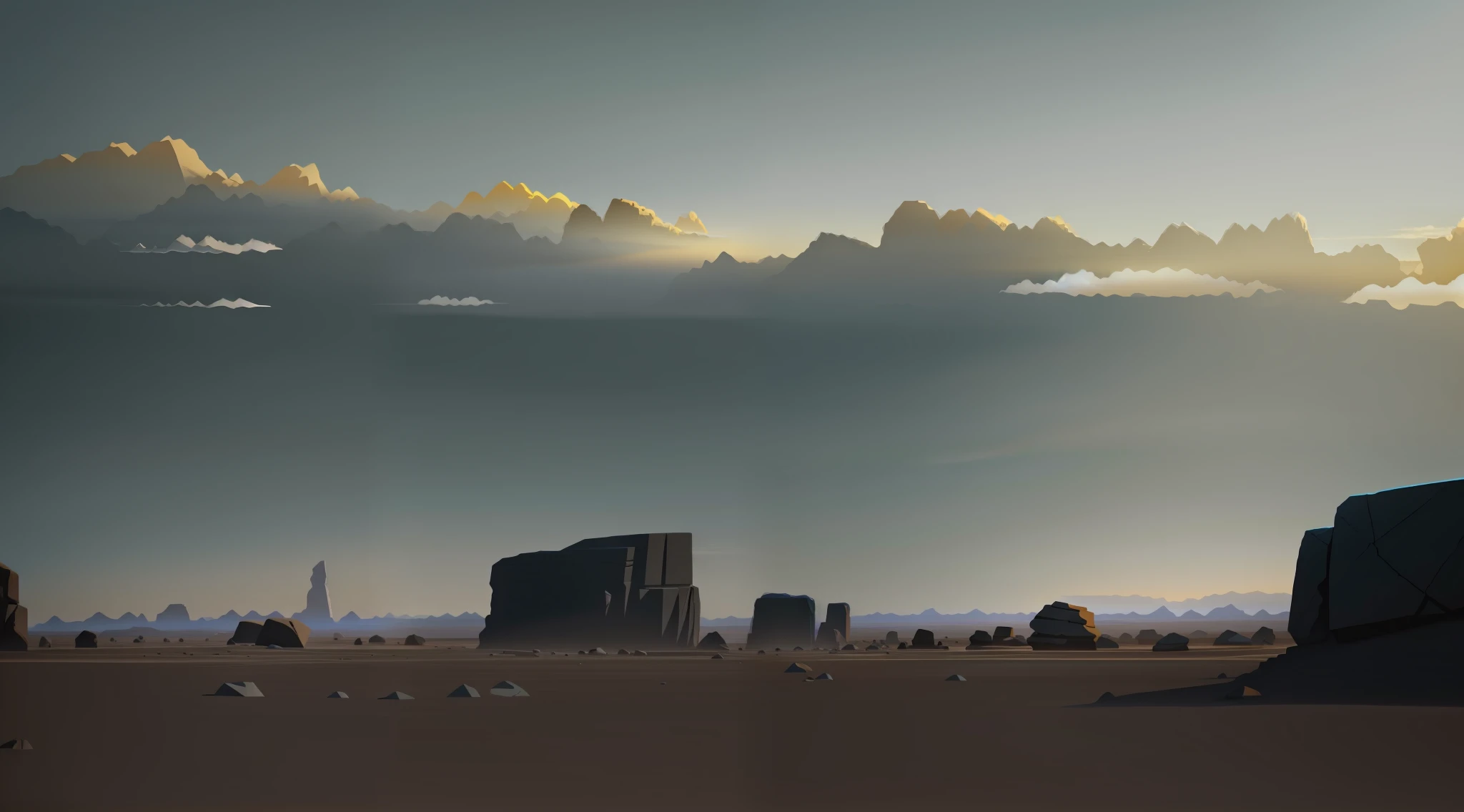 Endless desert, there are only few rocks on the desert, the rock structure is simple, the desert is flat, the sky is light blue, two-dimensional anime style, the style is gray, the rock distribution distance is large, the details are obvious, there is no shadow, the perspective is level view, there are few rocks, the rocks are large,
