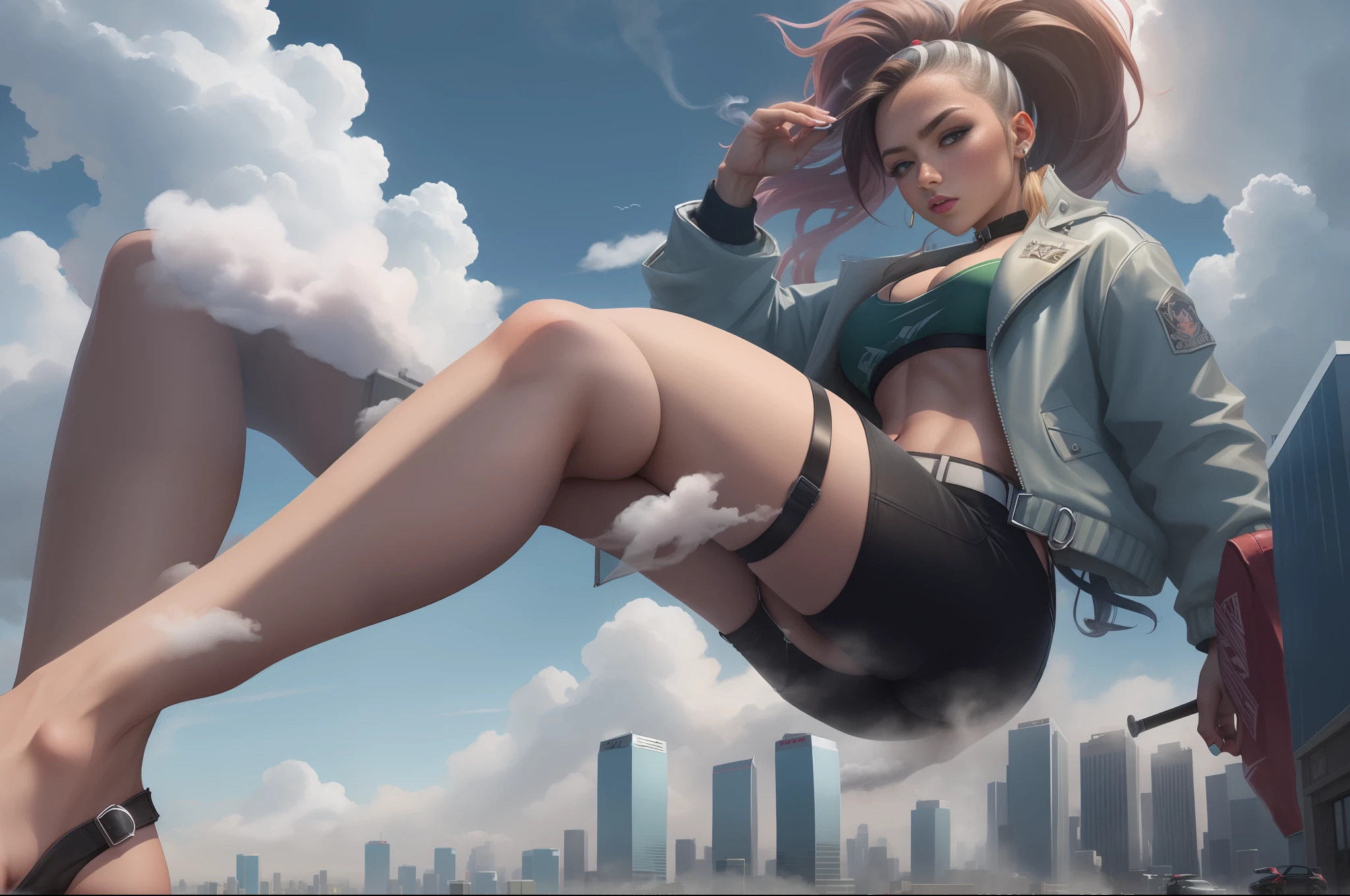 Giantess akali wearing crop top and jacket, barefoot, athletic body, gts city, city buildings, smoke, clouds, evil