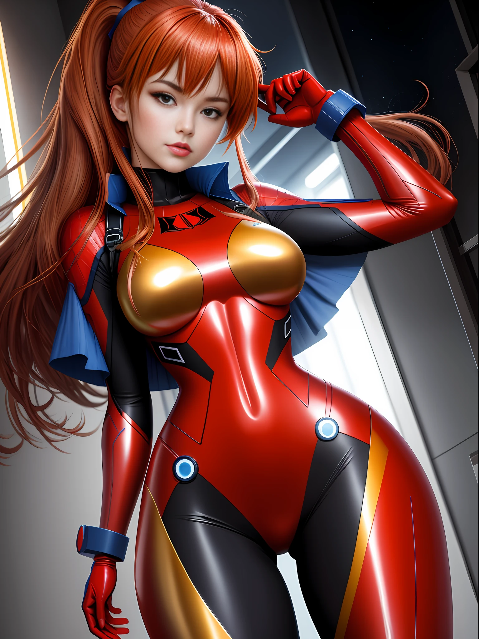 Create a full-body image of Asuka Langley Soryu dressed as Spider-Man, Ultraman, and Kamen Rider, with a black suit and gold accents. She has immensely large breasts, a flushed face with a reddish tint, light makeup on her face, and blue lipstick. The suit is tight and sensual, with a belt at the waist and a bright blue circular gem on her chest. She is on the top of a dark and rainy building, completely soaked. She looks directly at the viewer, with lighting on the back of her face. The image should show Asuka standing facing forward, making a face with her hand on her face. All the described features should be created in the image perfectly, Realist, anime, Pixar, Realism, 16k, best quality, highres, award winning, high details, UHD, masterpiece, anatomically correct, ccurate