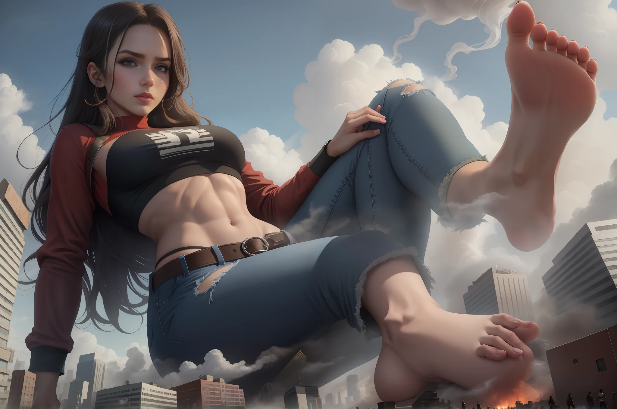 Giantess wearing crop top and jeans, barefoot, athletic body, gts city, city buildings, smoke, clouds, evil, destruction, people fleeing away from her