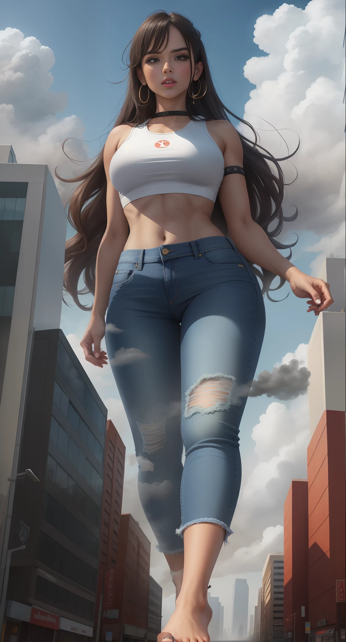 Giantess wearing crop top and jeans, barefoot, athletic body, gts city, city buildings, smoke, clouds, evil, destruction