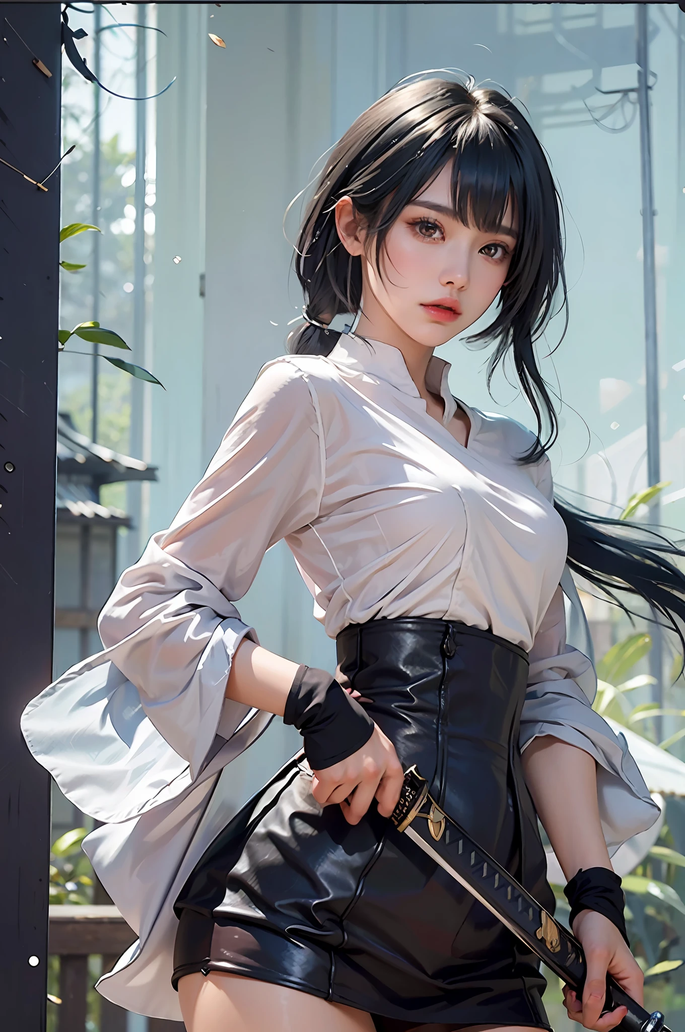 (Best Quality, 8k, Masterpiece: 1.3)), Full Review, Sharp Focus: 1.2, Unusual Style: 1.4, Slim Silhouette: 1.2, ((Black Hair, Close-Up: 1.2)), Short Skirt Tight, Anime Style, Katana in Hand