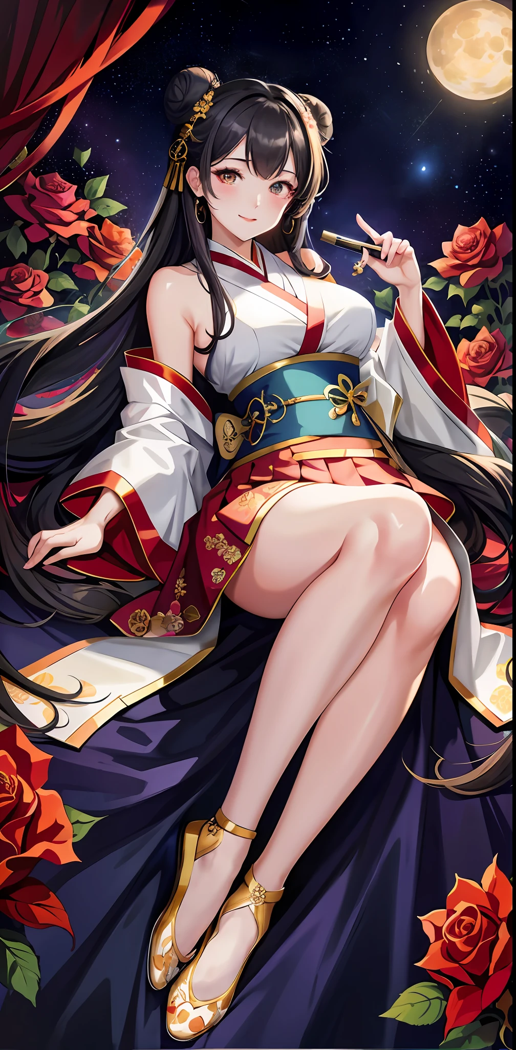 masterpiece Best quality: 1.3), (thick lines), (imitation traditional media), high resolution, official art, best illustration, (8k resolution), oiran, 1girl, mature woman, solo is ballet skirt, breasts, funky, intricate, fantastic, fairy tale, fantasy art, (detailed face), lying on a flower bed, (cute eyes, looking at the audience, applying lipstick), very long hair, fluffy, bun, deep field, silhouette, perfect, makeup, cute, (detail: 1.2), roses, various colors, vivid, colorful, shiny, sky, stars, lumen global illumination,