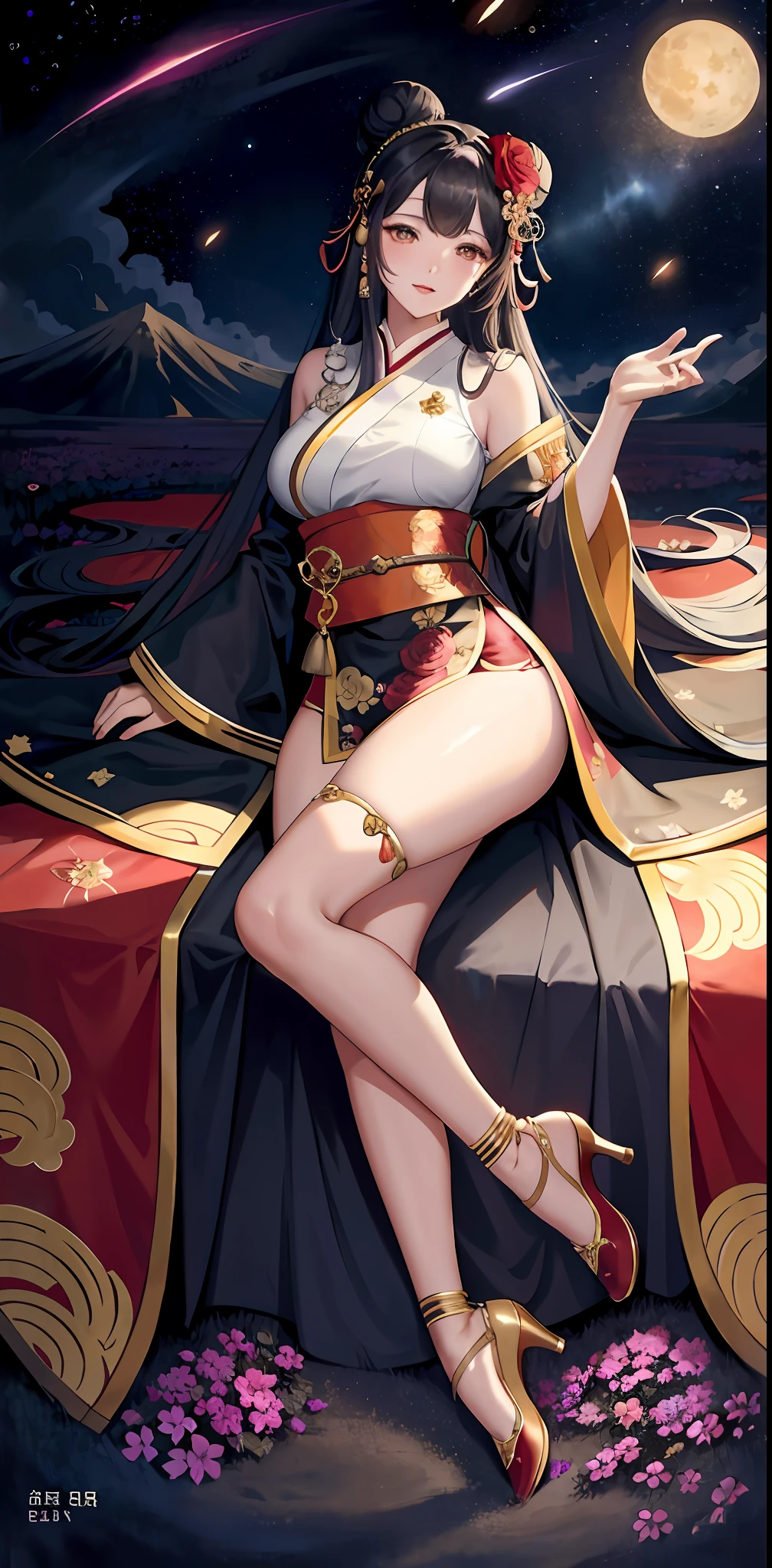 masterpiece Best quality: 1.3), (thick lines), (imitation traditional media), high resolution, official art, best illustration, (8k resolution), oiran, 1girl, mature woman, solo is ballet skirt, breasts, funky, intricate, fantastic, fairy tale, fantasy art, (detailed face), lying on a flower bed, (cute eyes, looking at the audience, applying lipstick), very long hair, fluffy, bun, deep field, silhouette, perfect, makeup, cute, (detail: 1.2), roses, various colors, vivid, colorful, shiny, sky, stars, lumen global illumination,