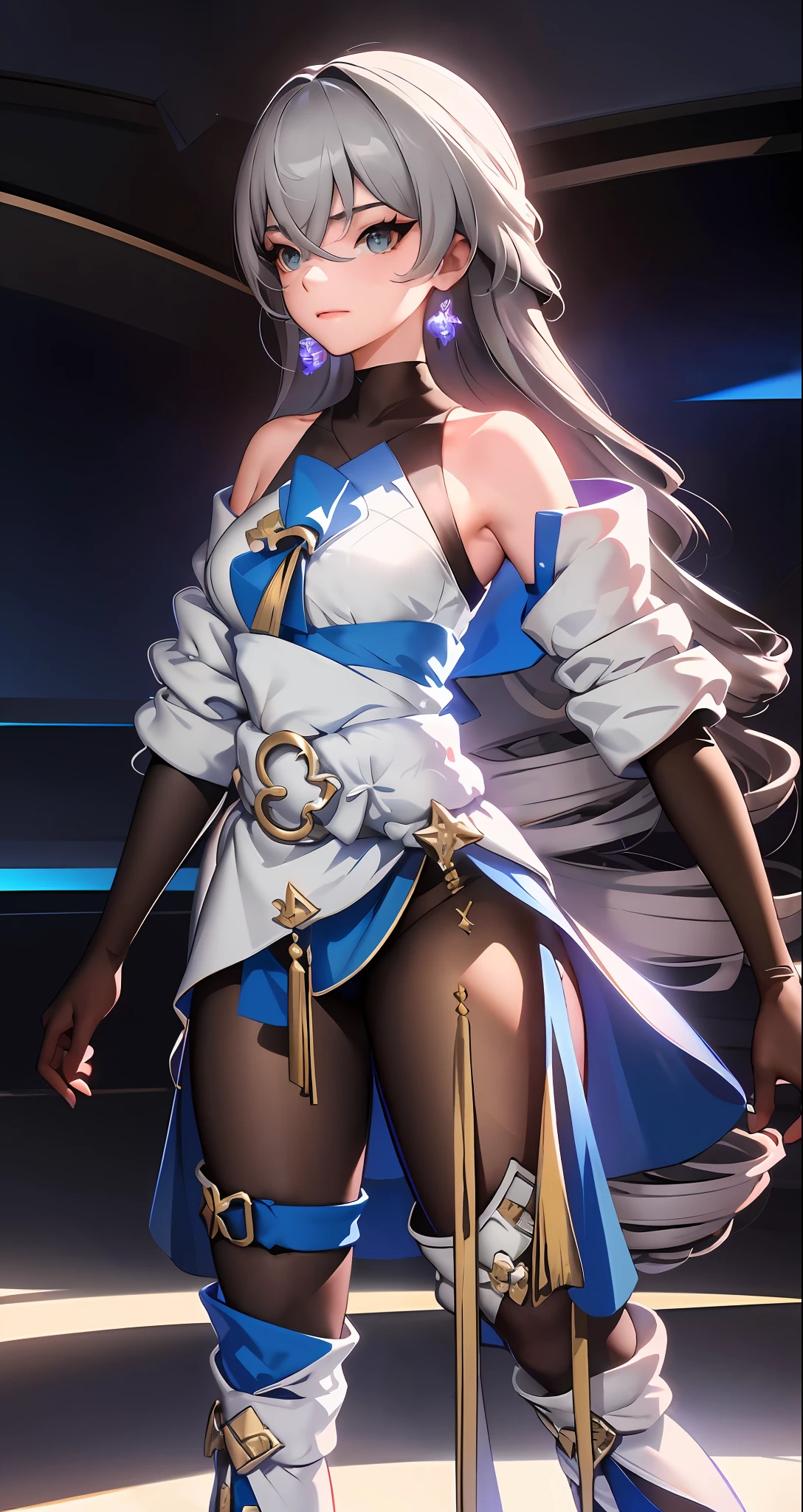 ph bronya, 1girl, solo, accessories, earrings, long hair, gray hair, bangs, drill, bare shoulder, grey eyes, boots, stockings, hair between eyes, boots, elbow gloves, sleeveless, black gloves, double diamonds, belt, leggings, white skirt, chest, small breast, black shoes, long sleeves, (Masterpiece: 1.2, Excellent), (Delicate Eyes: 1.2), (Background Detail, Dark Fantasy), (Beautiful Detailed Face), High Contrast, (Best Lighting, Extremely Delicate and Beautiful), ((Cinematic Light)), Colorful, Hyperdetailed, Dramatic Light, Intricate Details, (Sharp Facial Hair Between Eyes, Dynamic Angle), Black Light Rotating Around Characters, Depth of Field, Black Light Particles, (Broken Glass), Magic Array, Crossed Waist, Angry