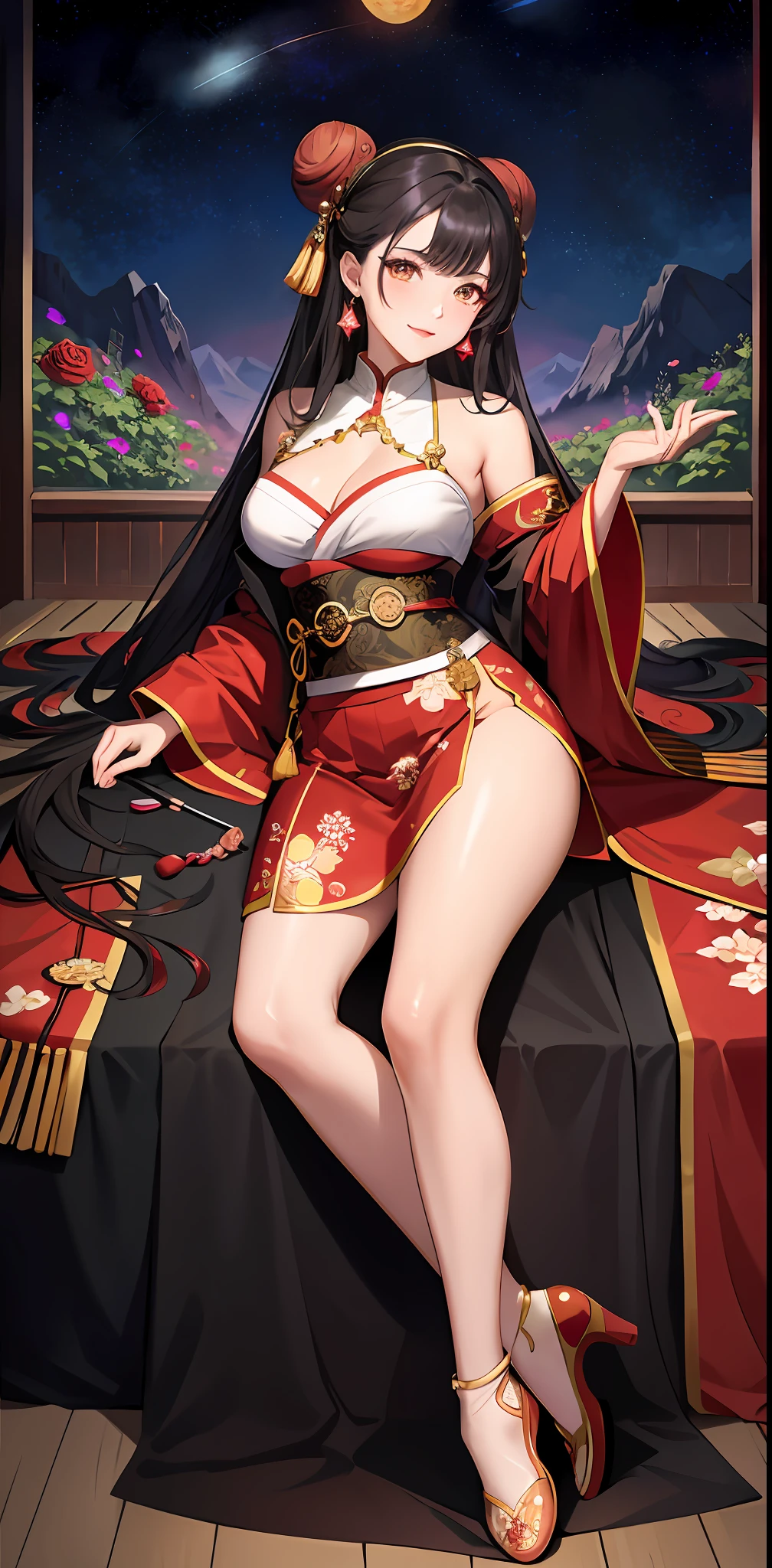 masterpiece Best quality: 1.3), (thick lines), (imitation traditional media), high resolution, official art, best illustration, (8k resolution), oiran, 1girl, mature woman, solo is ballet skirt, breasts, funky, intricate, fantastic, fairy tale, fantasy art, (detailed face), lying on a flower bed, (cute eyes, looking at the audience, applying lipstick), very long hair, fluffy, bun, deep field, silhouette, perfect, makeup, cute, (detail: 1.2), roses, various colors, vivid, colorful, shiny, sky, stars, lumen global illumination,