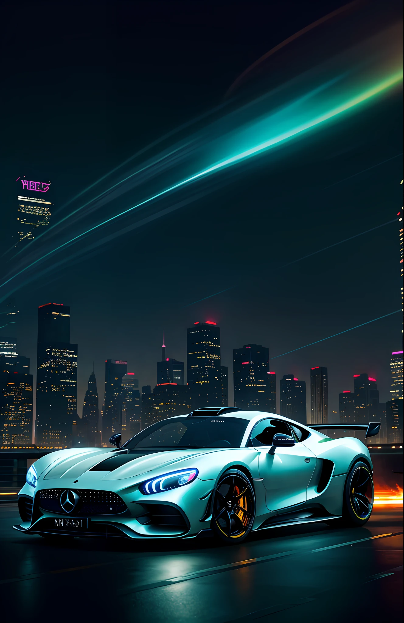 hypercars cyberpunk, muted colors ,swirling color smokes,legend,cityscape,space,mercedez benz