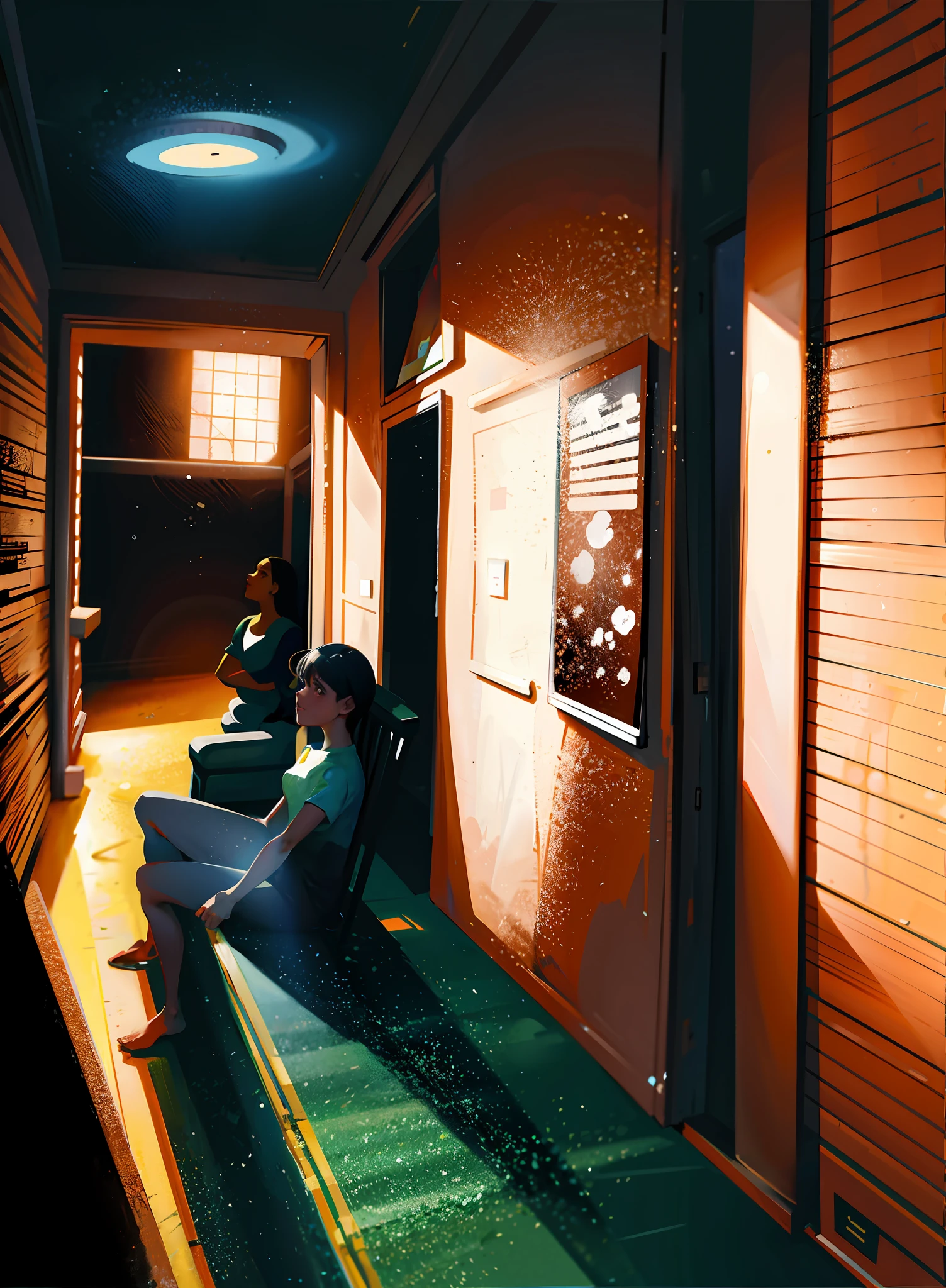 There was a woman sitting in a chair in the hallway, 2.5D